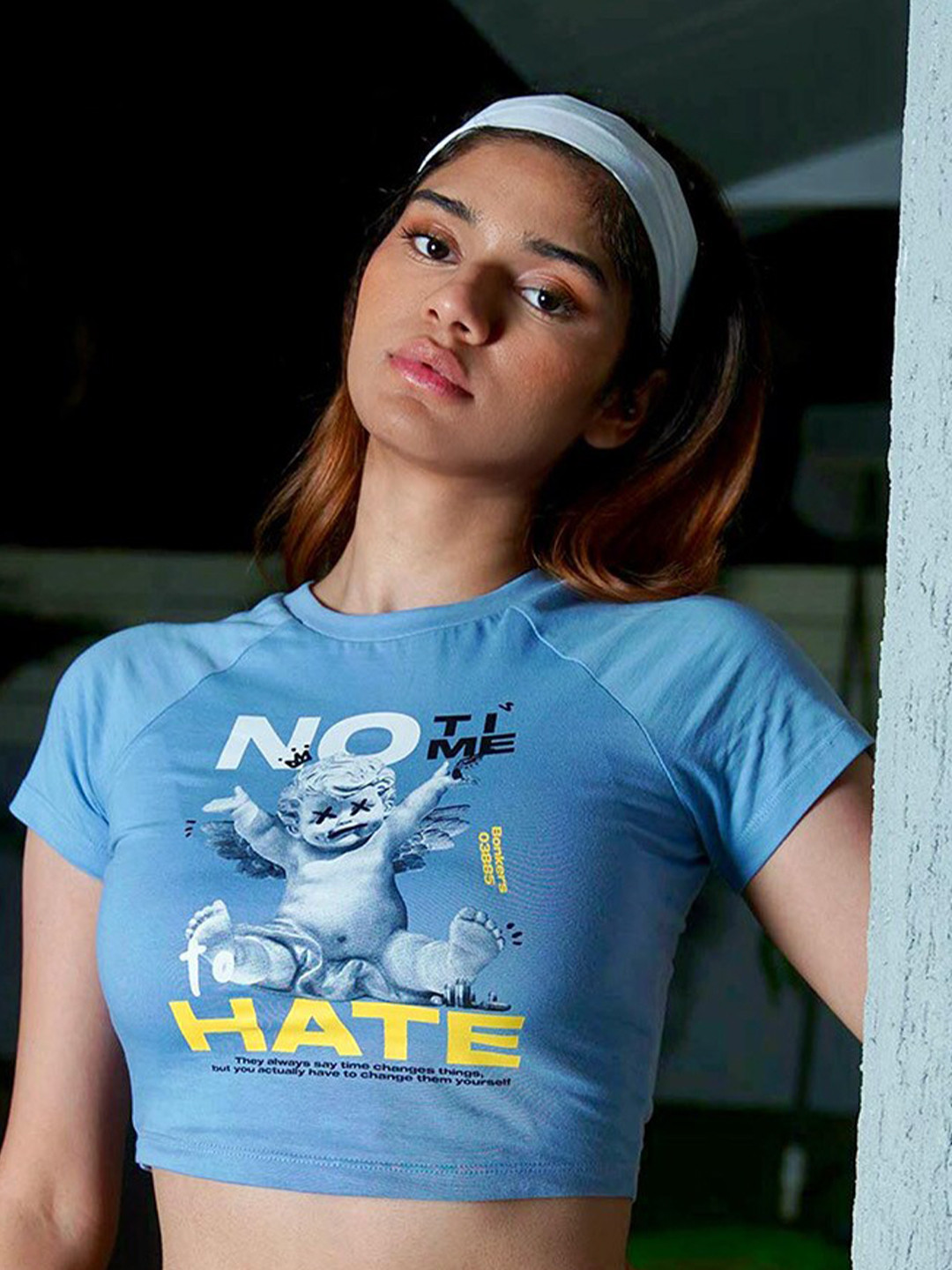 

Bonkers Corner Blue Typography Printed Raglan Sleeves Crop Top