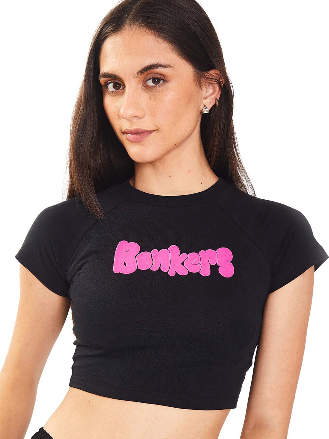 

Bonkers Corner Black Printed Round Neck Cotton Crop T-shirt
