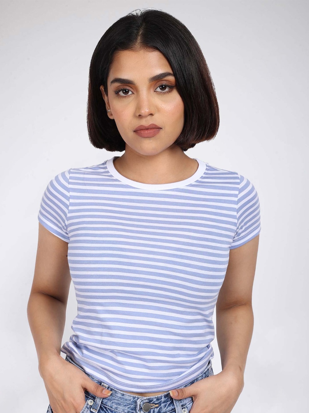 

Bonkers Corner White & Blue Striped Slim Fit Cotton Tshirt