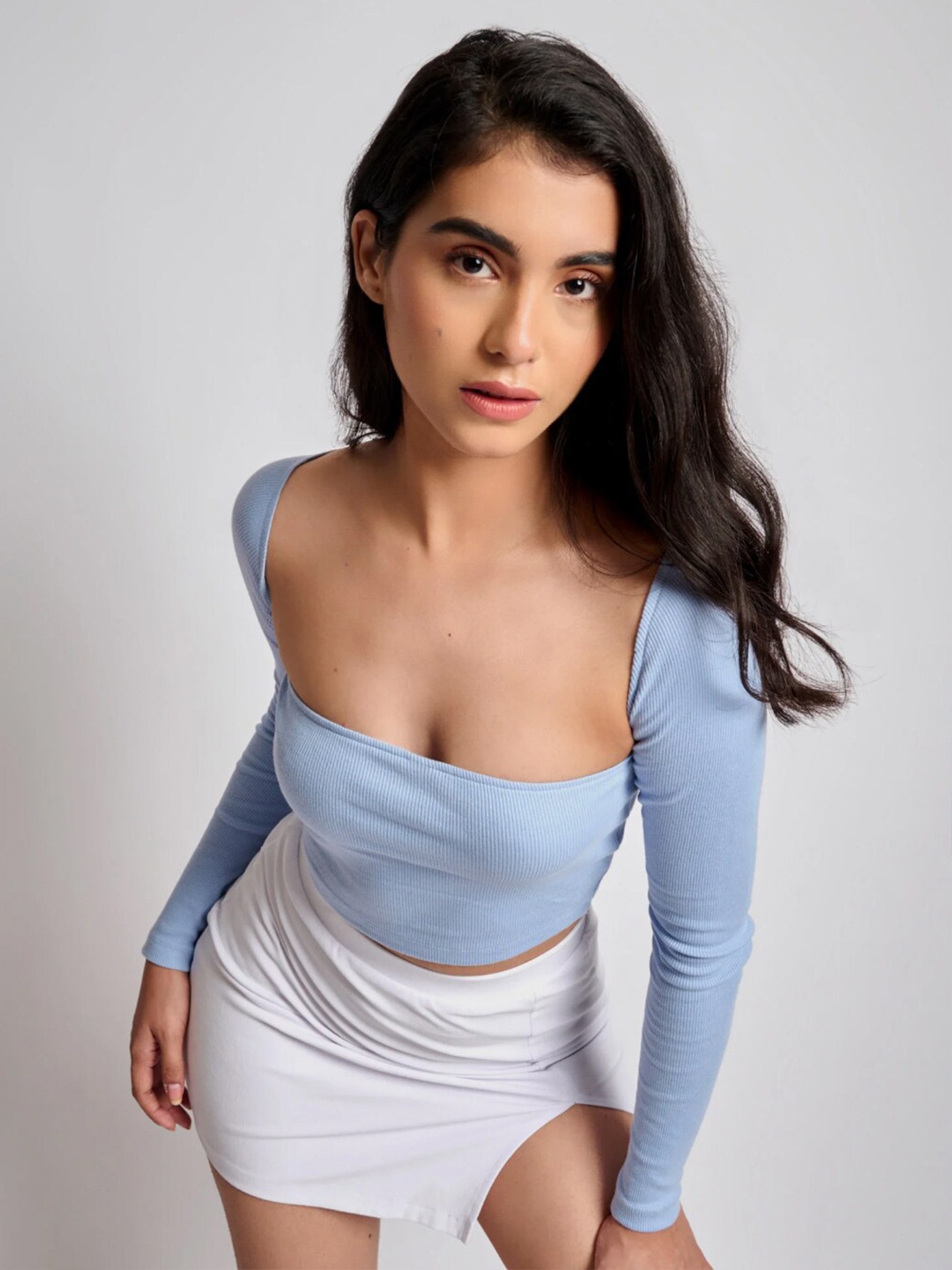 

Bonkers Corner Blue Cut-Out Detail Square Neck Pure Cotton Crop Fitted Top