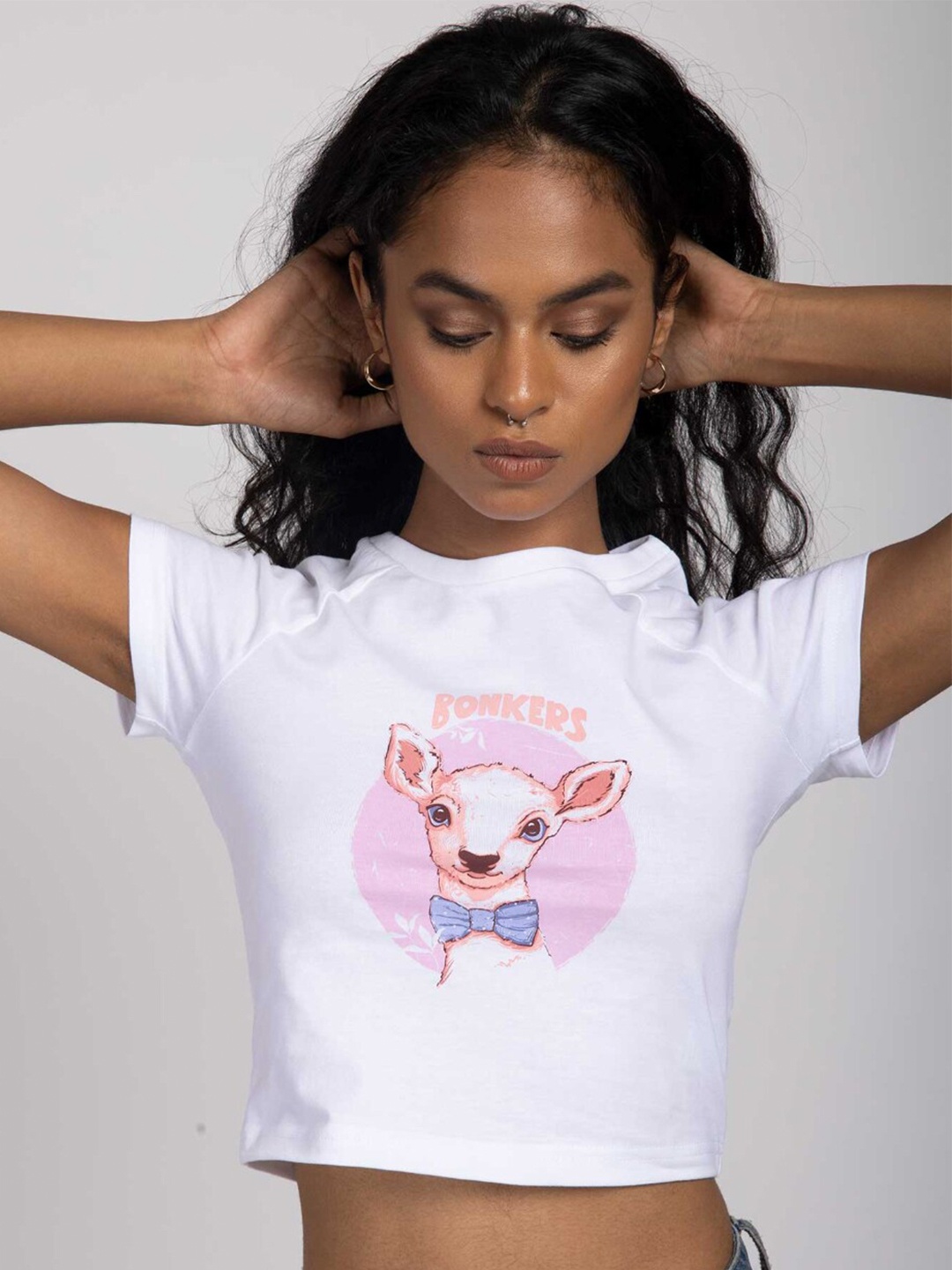 

Bonkers Corner White & Pink Graphic Print Cotton Crop Slim-Fit Top