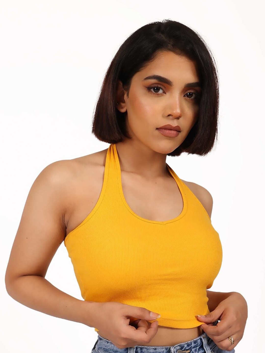 

Bonkers Corner Yellow Halter Neck Cotton Crop Tank Top