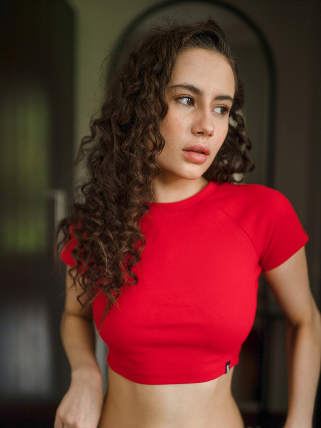 

Bonkers Corner Red Cotton Raglan Sleeves Fitted Crop Top