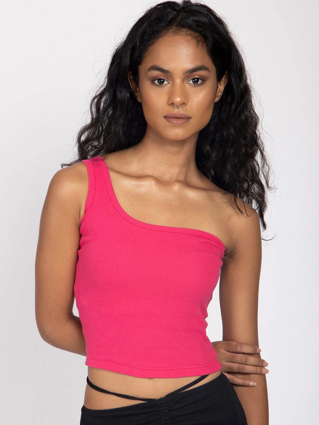

Bonkers Corner Pink One Shoulder Cotton Crop Tank Top