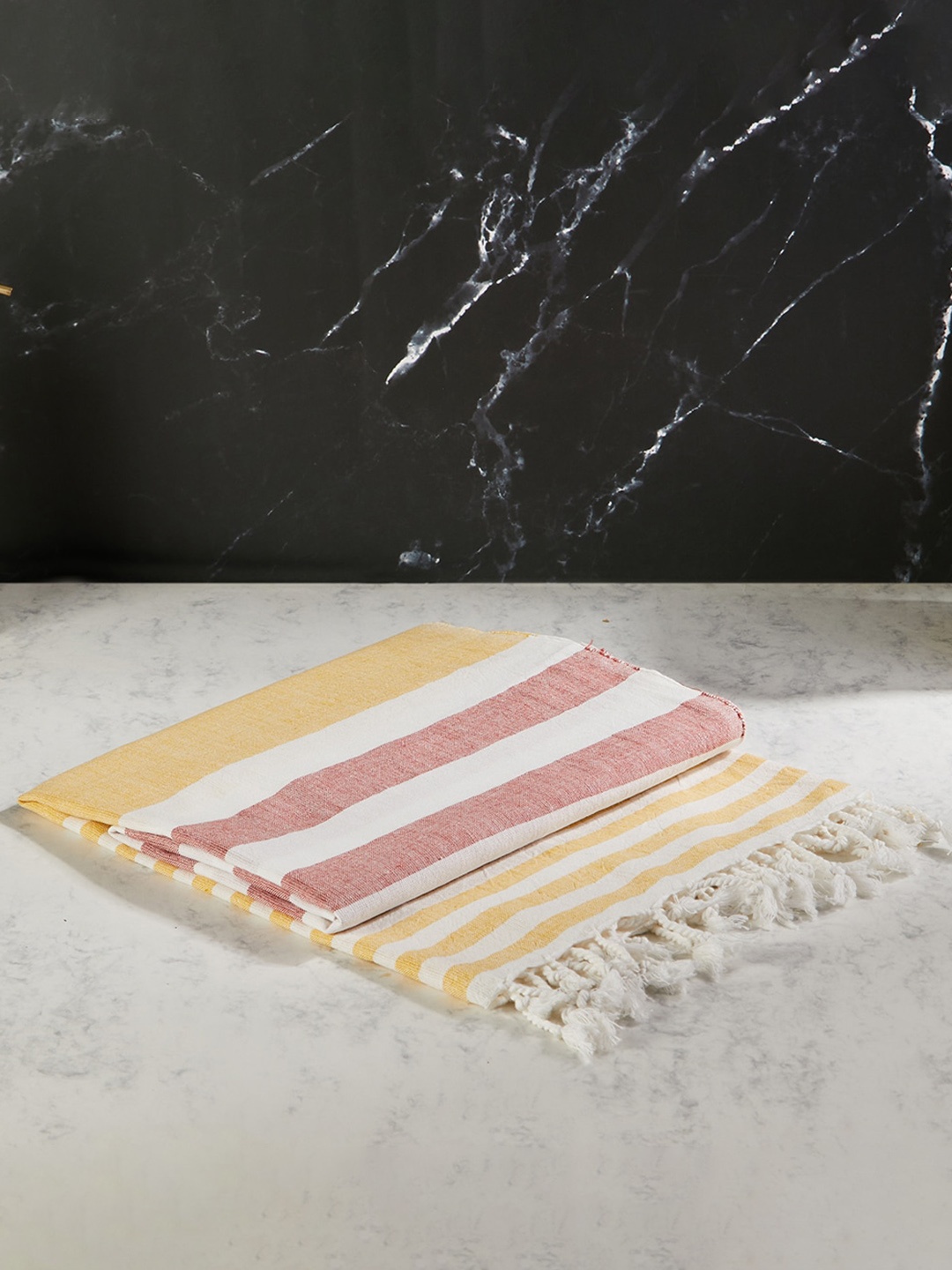 

Fabindia Rust & Yellow Striped Cotton 127 GSM Large Bath Towel