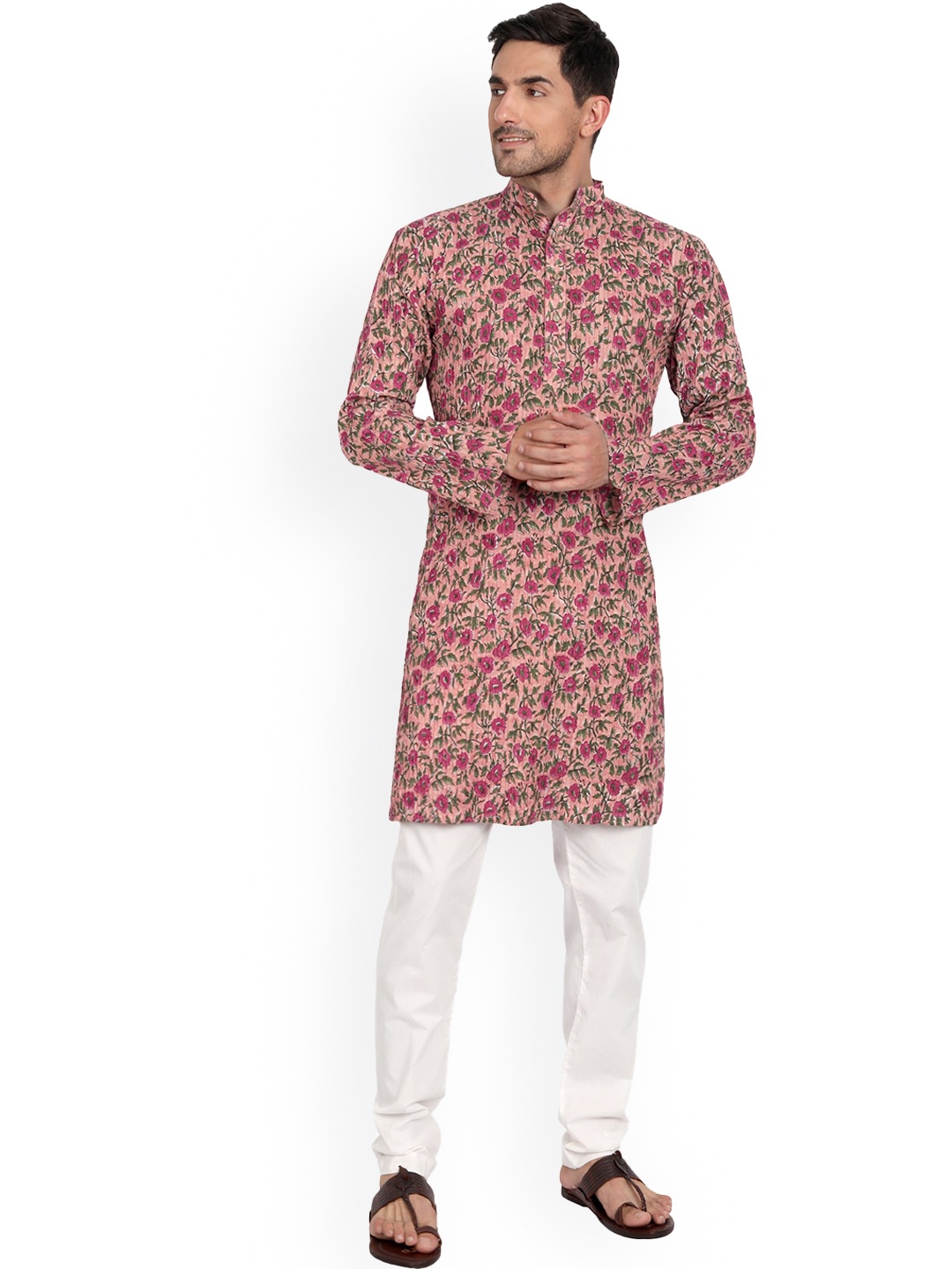 

Aashima Wahal Floral Printed Mandarin Collar Cotton Kurta, Peach