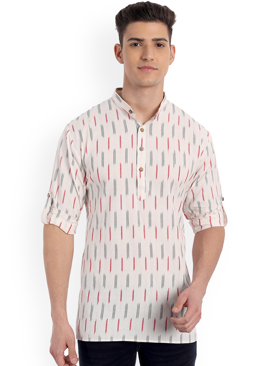 

Aashima Wahal Striped Printed Mandarin Collar Cotton Short Kurta, White