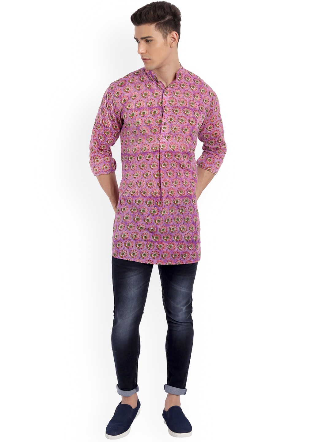 

Aashima Wahal Floral Printed Band Collar Cotton Short Kurta, Purple