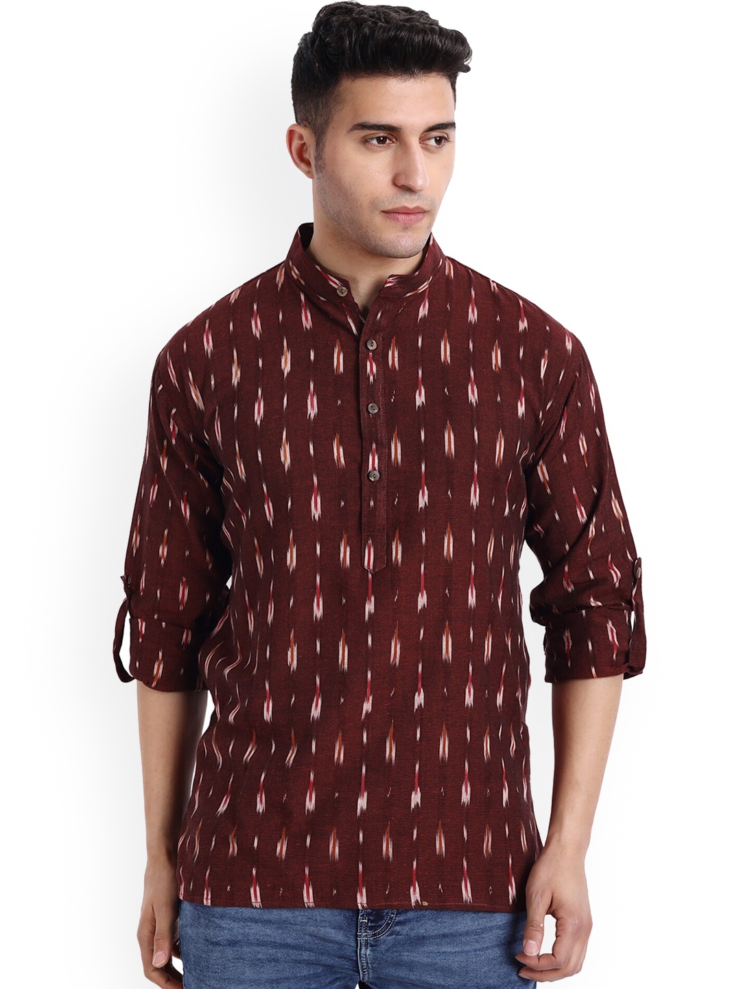 

Aashima Wahal Abstract Woven Design Roll-Up Sleeves Ikat Kurta, Maroon