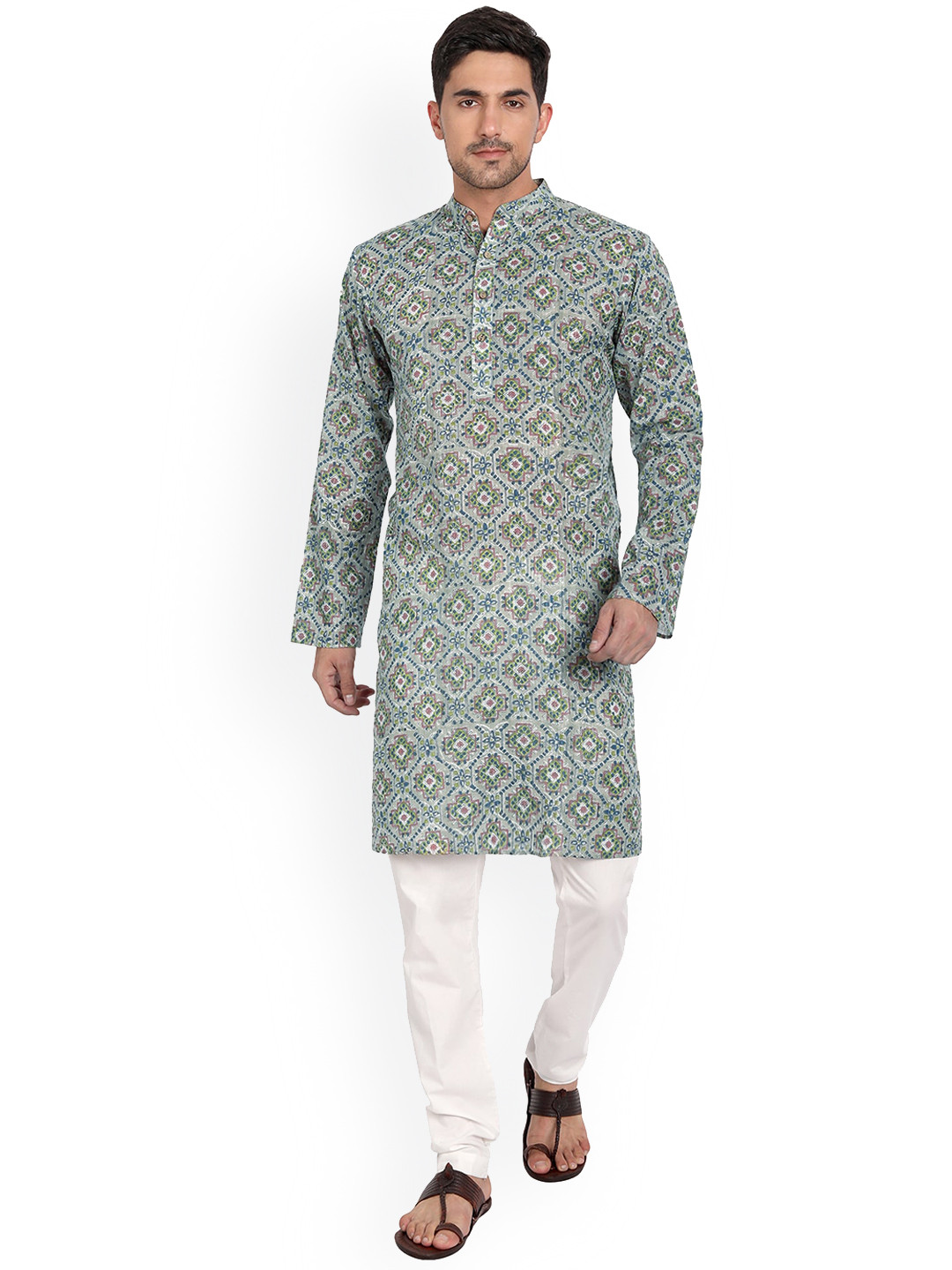 

Aashima Wahal Geometric Block Printed Mandarin Collar Cotton Kurta, Green
