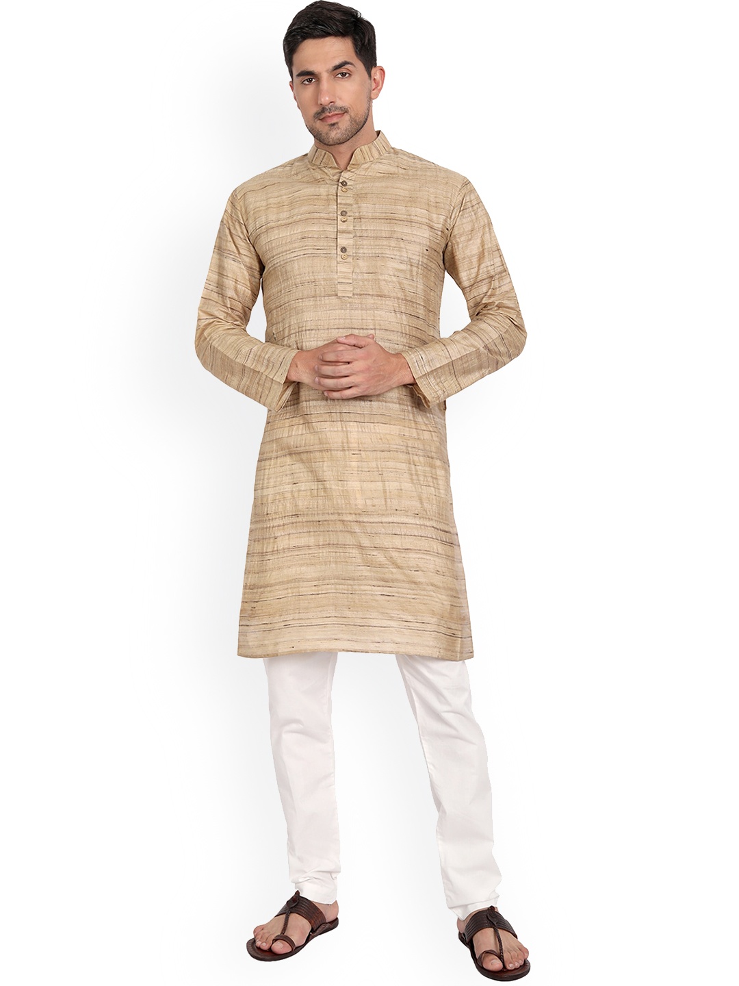 

Aashima Wahal Striped Mandarin Collar Silk Kurta, Beige