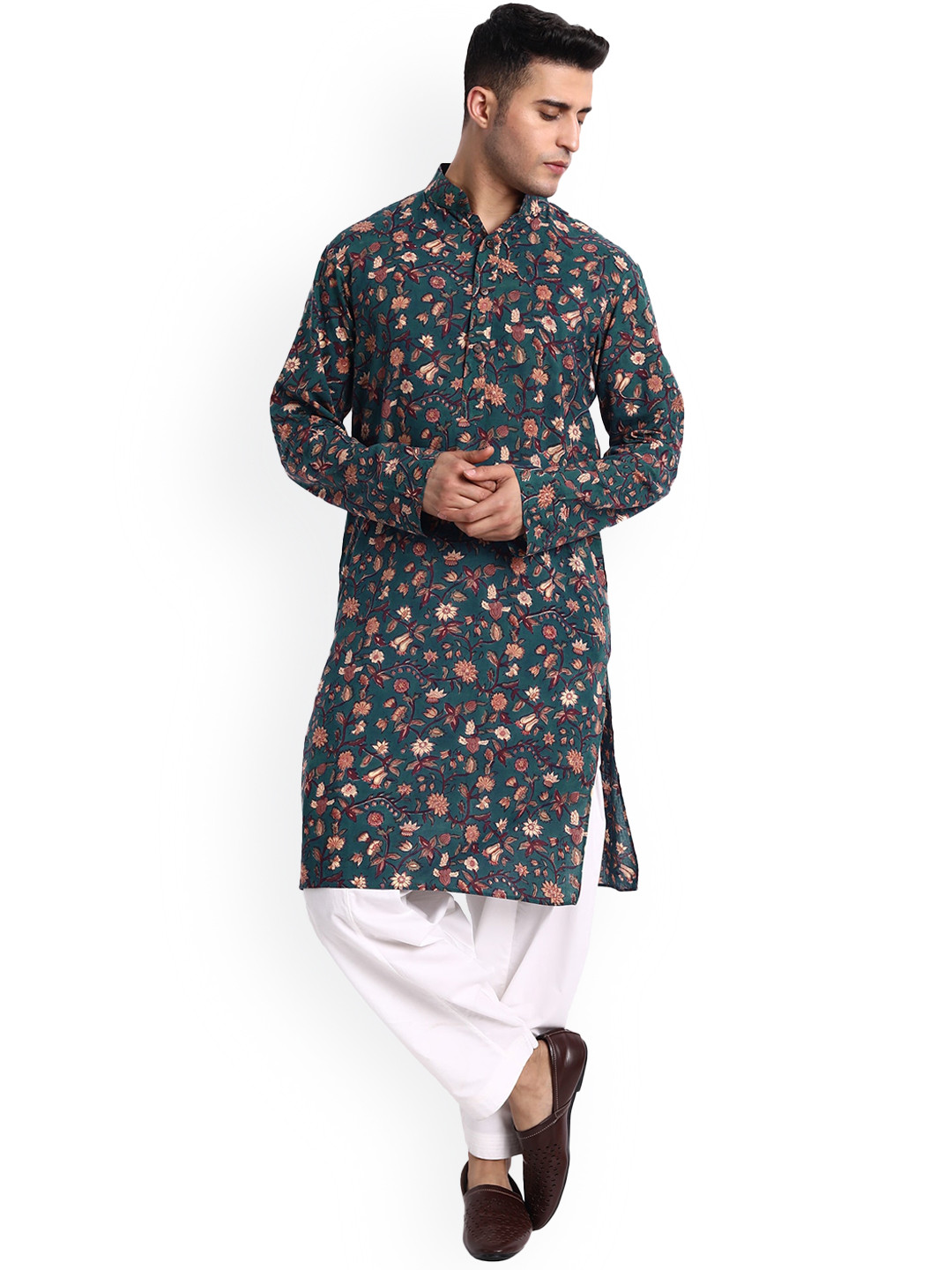 

Aashima Wahal Floral Block Printed Mandarin Collar Cotton Kurta, Blue