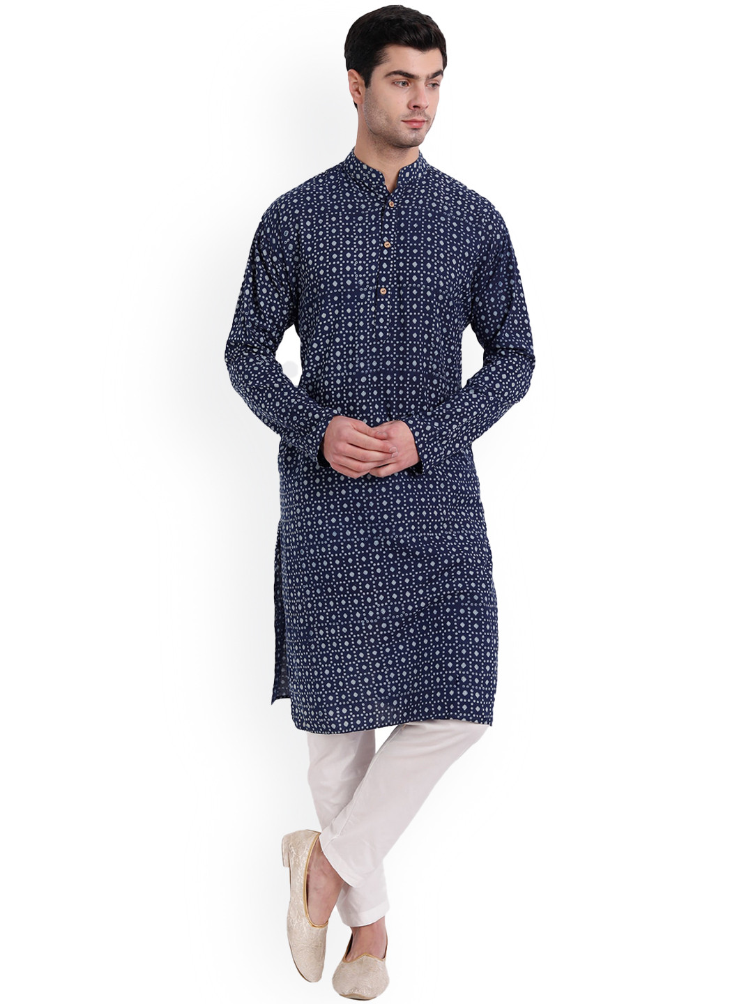 

Aashima Wahal Ethnic Motifs Printed Mandarin Collar Cotton Kurta, Navy blue