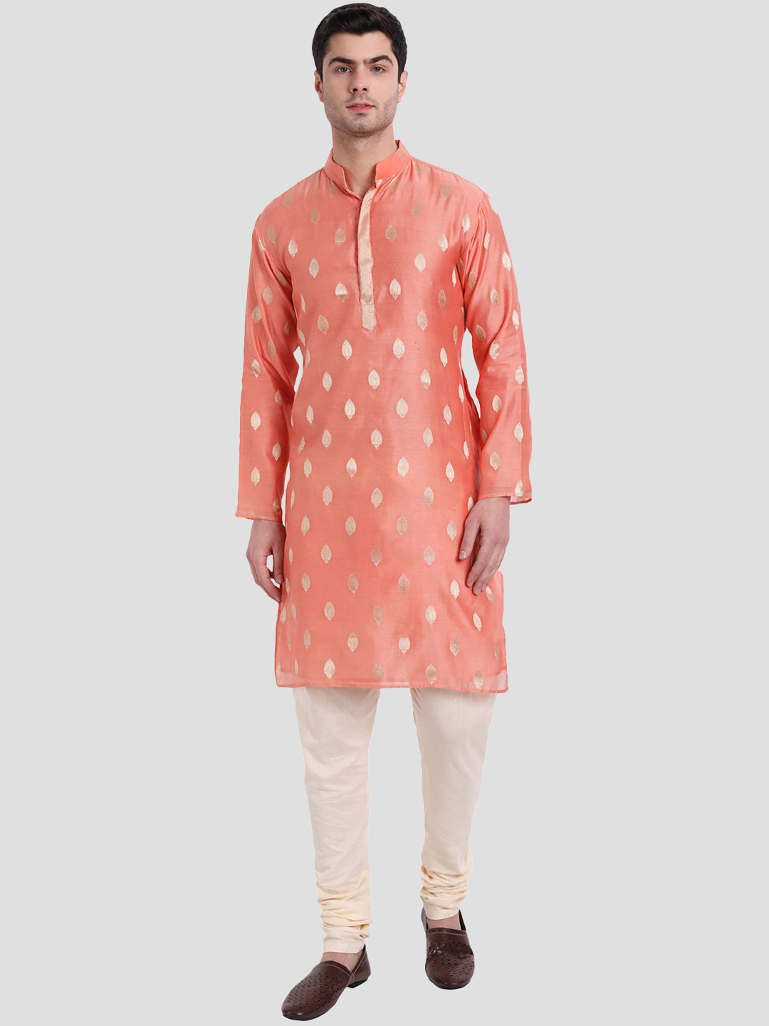 

Aashima Wahal Ethnic Motifs Printed Mandarin Collar Chanderi Silk Kurta, Peach