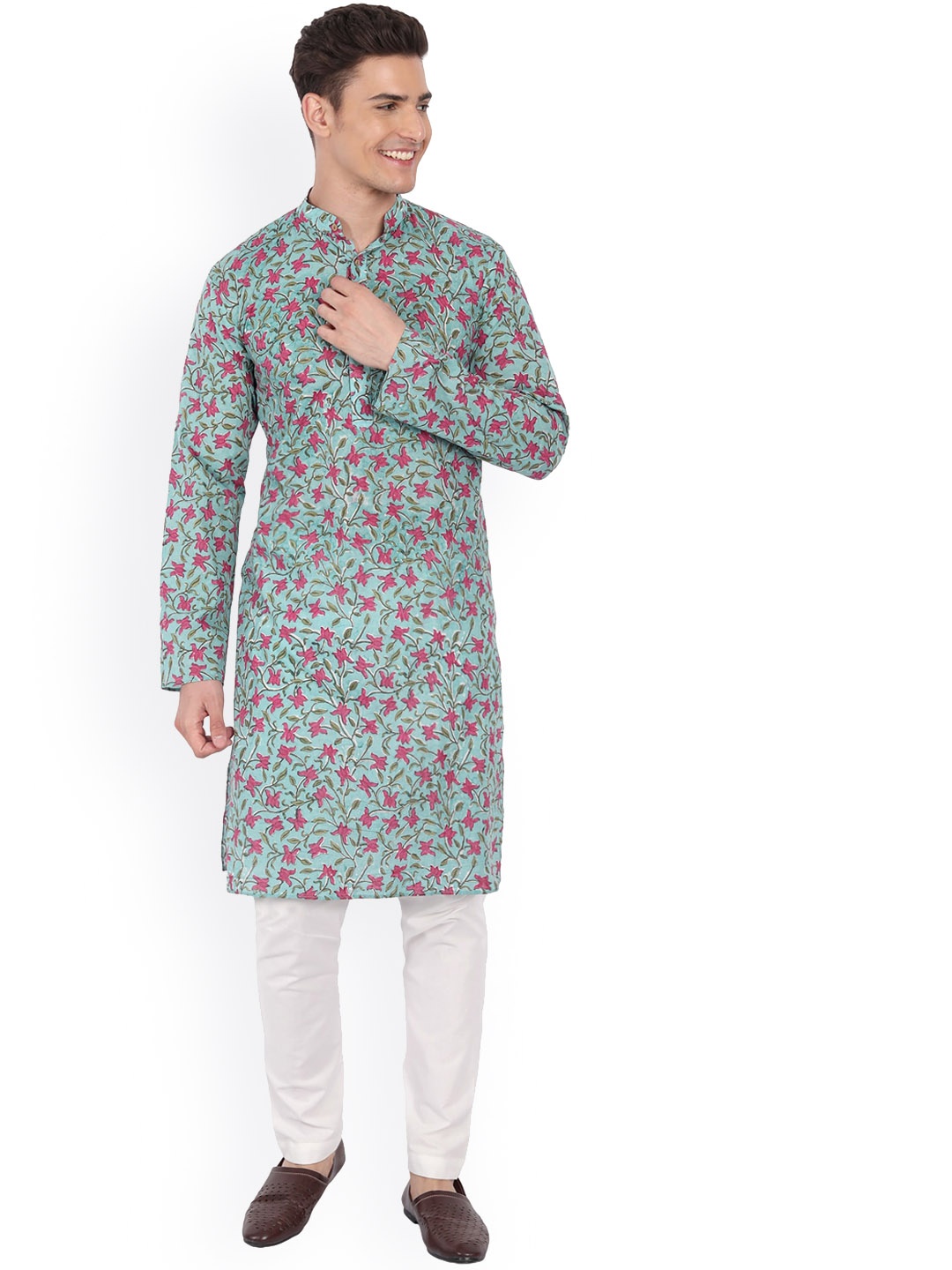 

Aashima Wahal Floral Block Printed Band Collar Pure Cotton Kurta, Blue