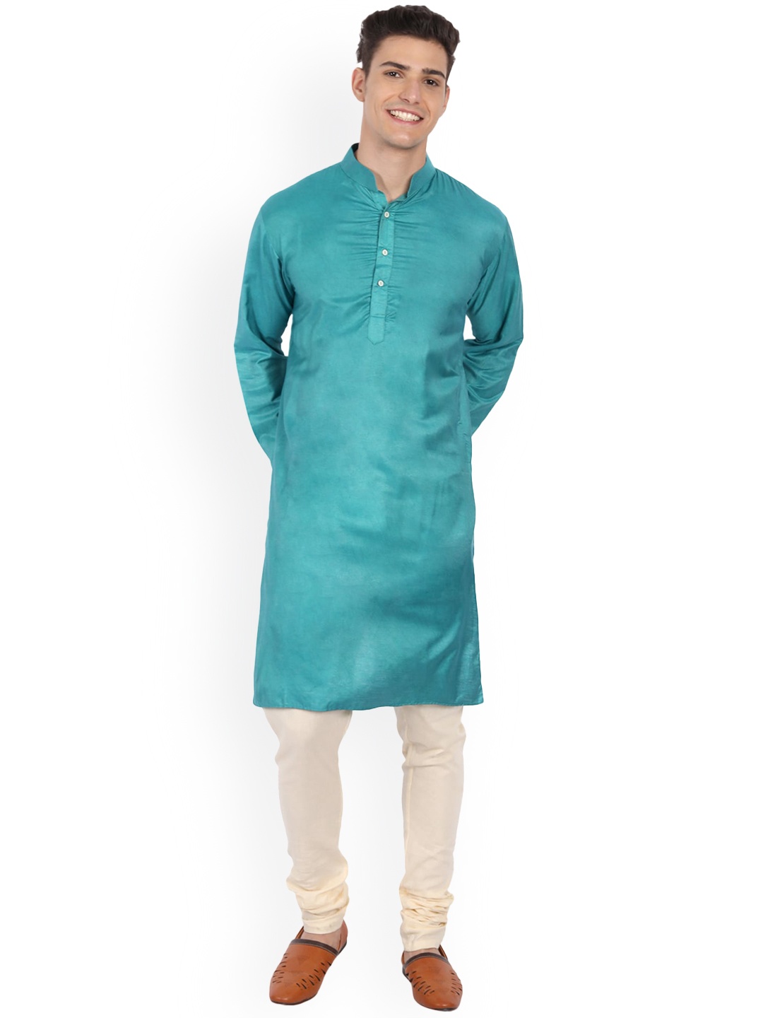 

Aashima Wahal Mandarin Collar Straight Cotton Silk Kurta, Turquoise blue