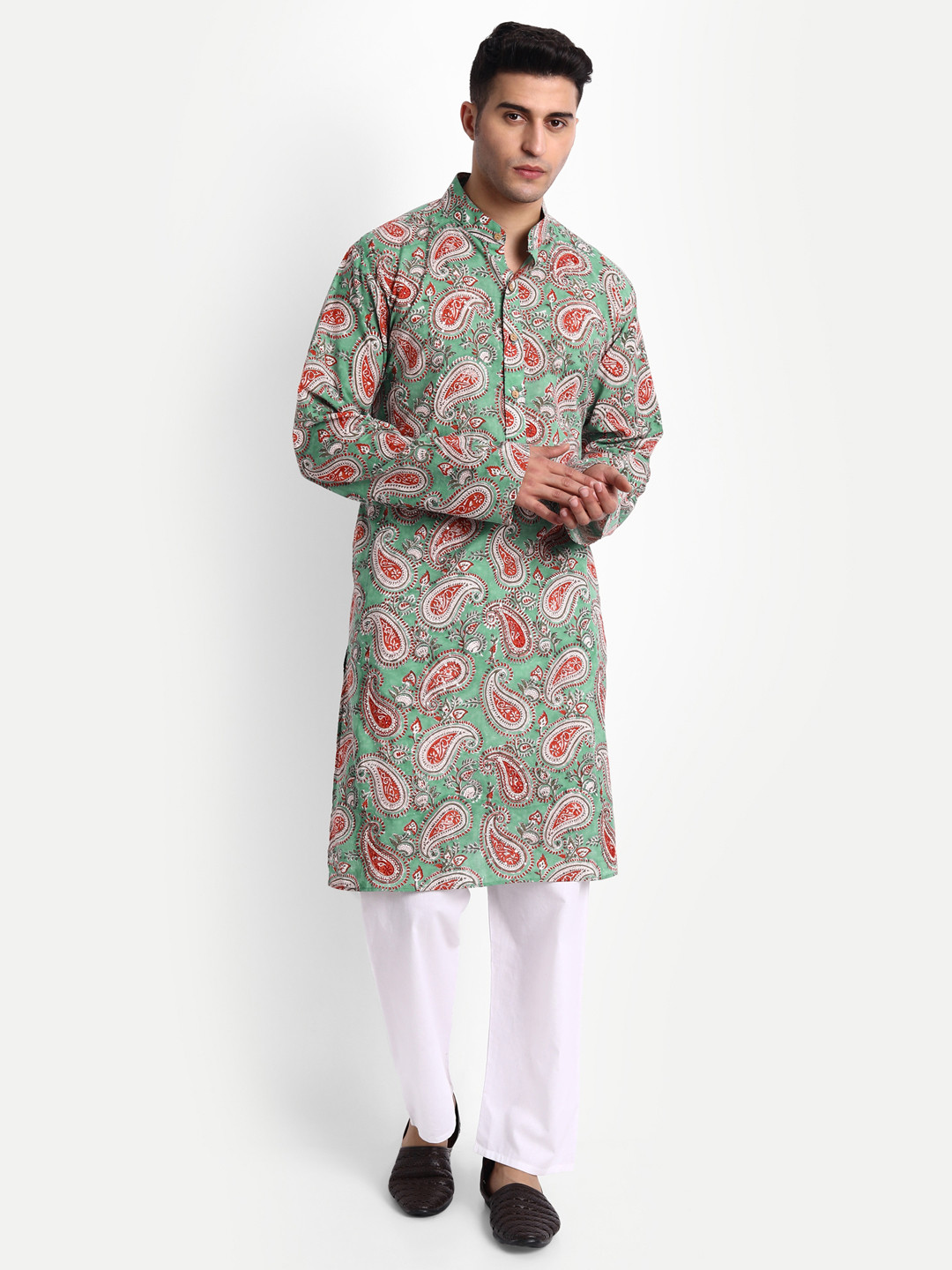 

Aashima Wahal Paisley Printed Mandarin Collar Cotton Kurta, Green