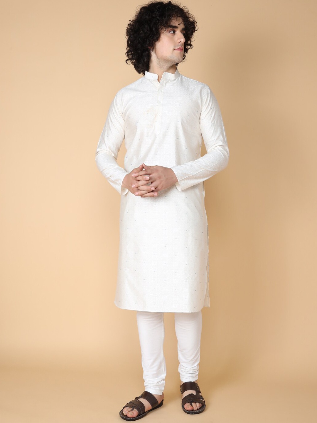 

TABARD Woven Design Mandarin Collar Cotton Straight Kurta, White