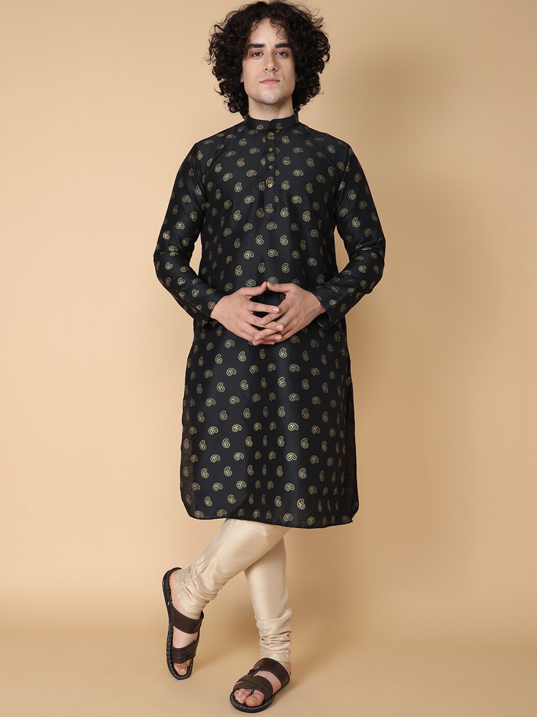 

TABARD Paisley Woven Design Mandarin Collar Cotton Straight Kurta, Black