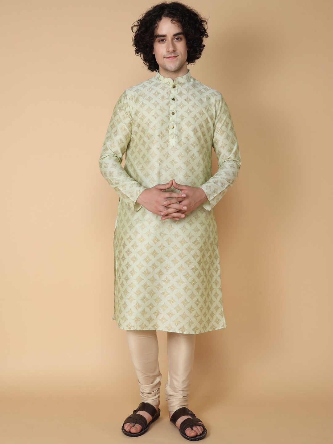 

TABARD Ethnic Woven Design Mandarin Collar Cotton Straight Kurta, Green