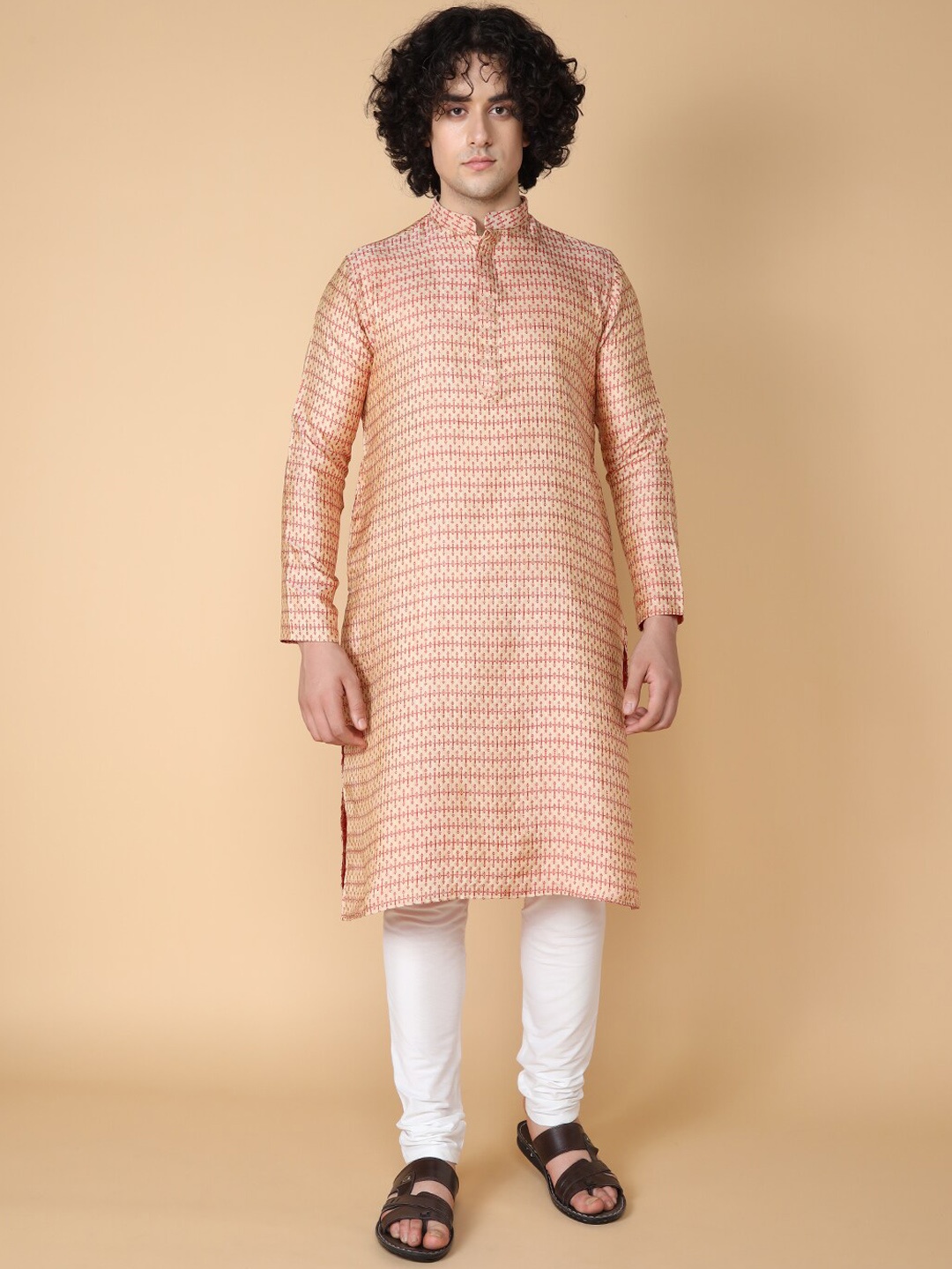 

TABARD Woven Design Mandarin Collar Kurta, Beige
