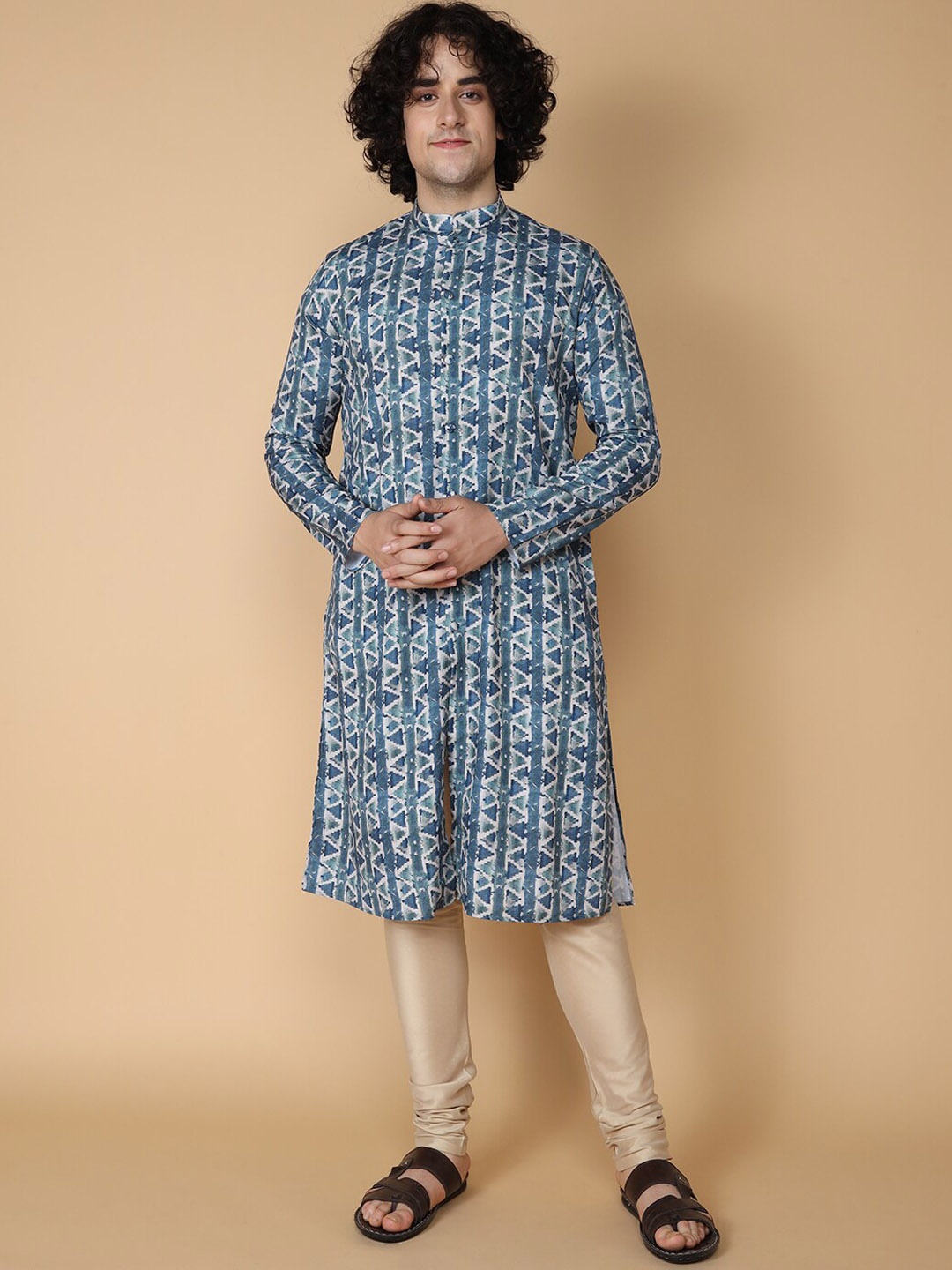 

TABARD Printed Mandarin Collar Cotton Kurta, Blue