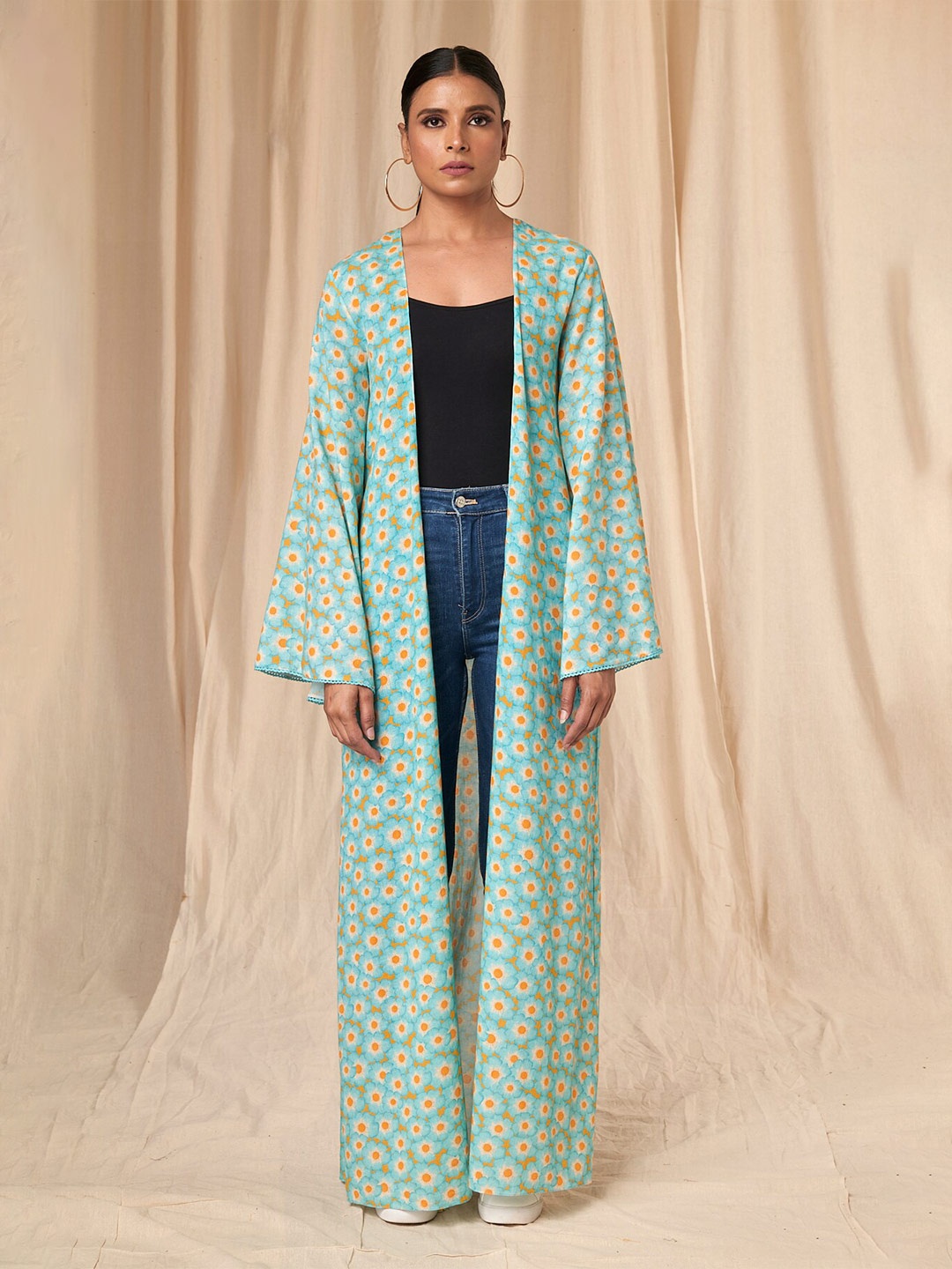 

Masaba Floral Printed Linen Open Front Longline Shrug, Yellow