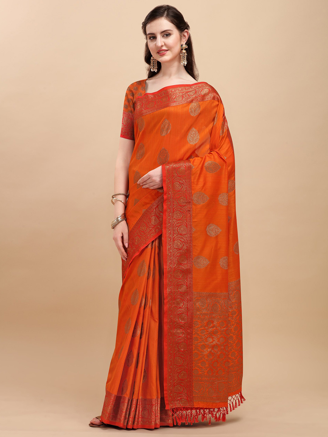 

VISHNU WEAVES Ethnic Motif Zari Silk Blend Banarasi Saree With Blouse Piece, Orange