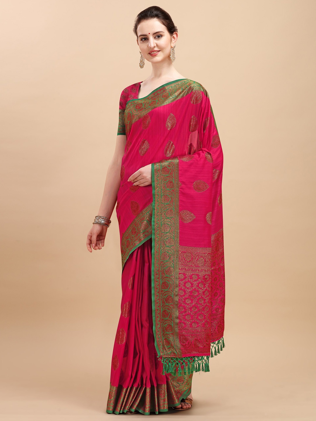 

VISHNU WEAVES Ethnic Motif Zari Silk Blend Banarasi Saree With Blouse Piece, Pink