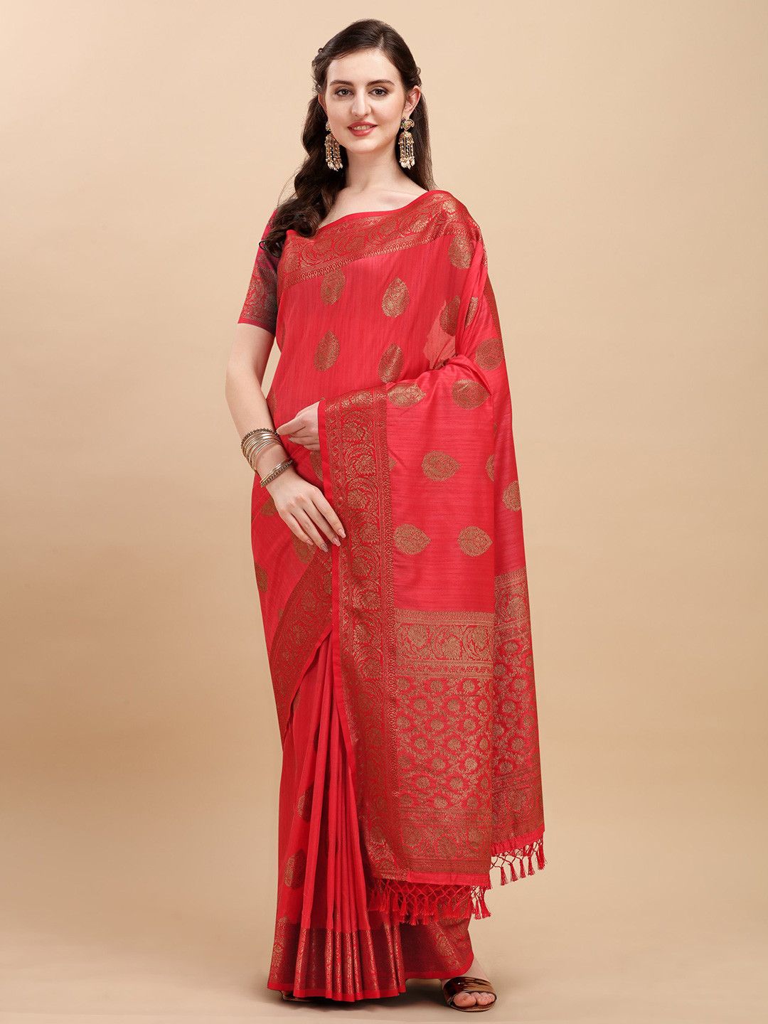 

VISHNU WEAVES Ethnic Motif Zari Silk Blend Banarasi Saree With Blouse Piece, Coral