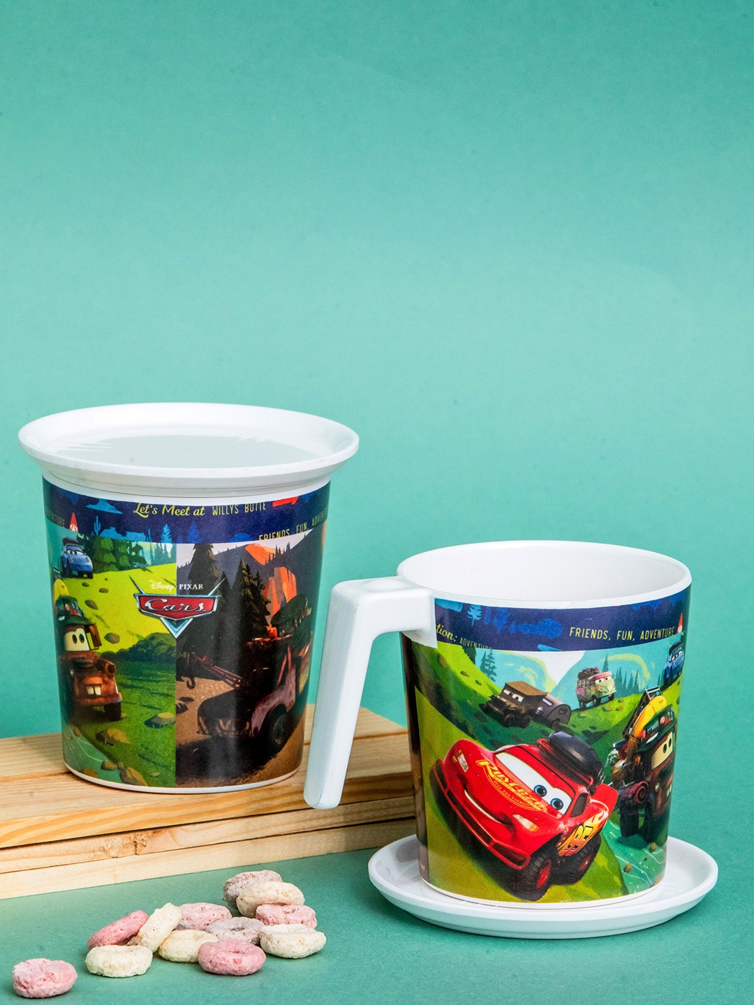 

Servewell Blue 4 Pcs Disney Cars Printed Melamine Glossy Mugs With Coasters