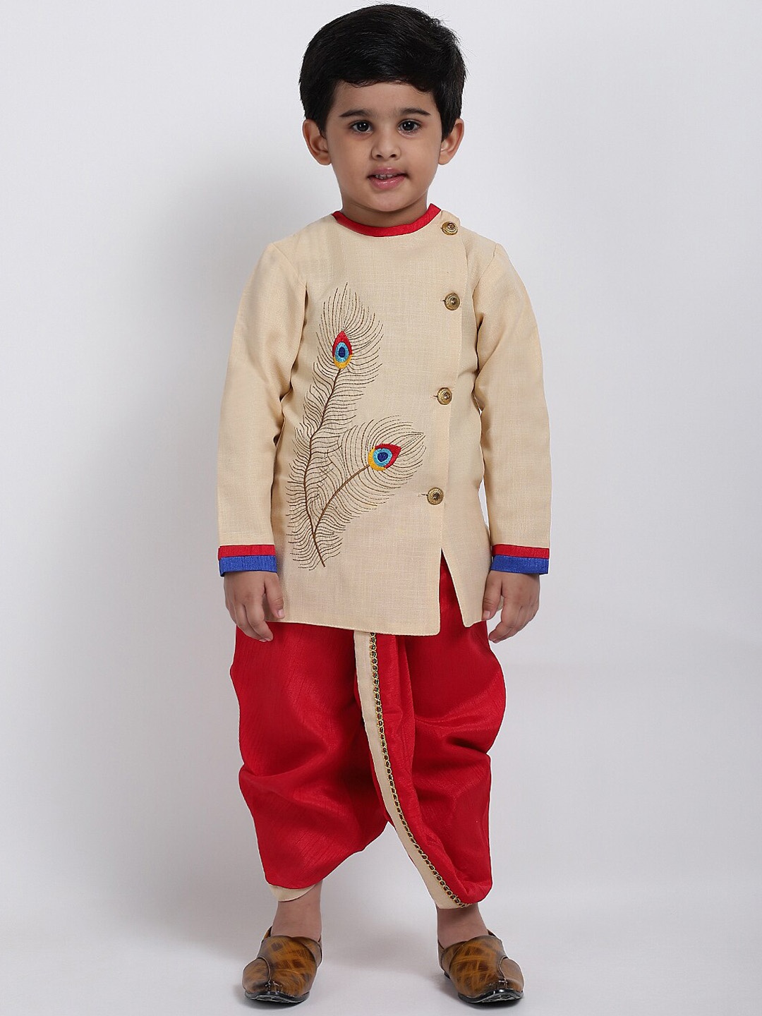 

BAESD Boys Ethnic Embroidered Angrakha Kurta with Dhoti Pants, Beige