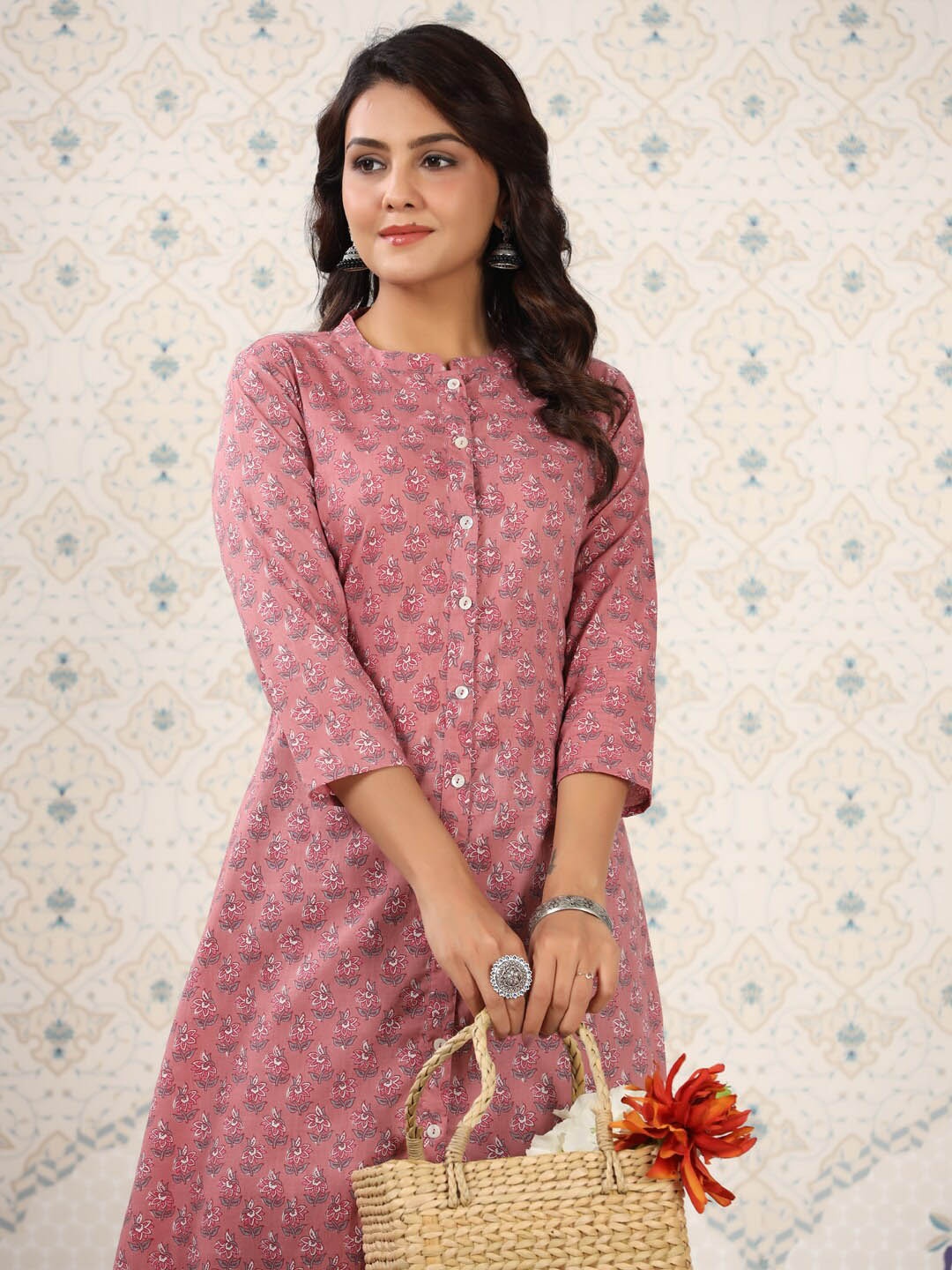 

Ode by House of Pataudi Pink Band Collar Floral Printed Pure Cotton A-Line Kurta