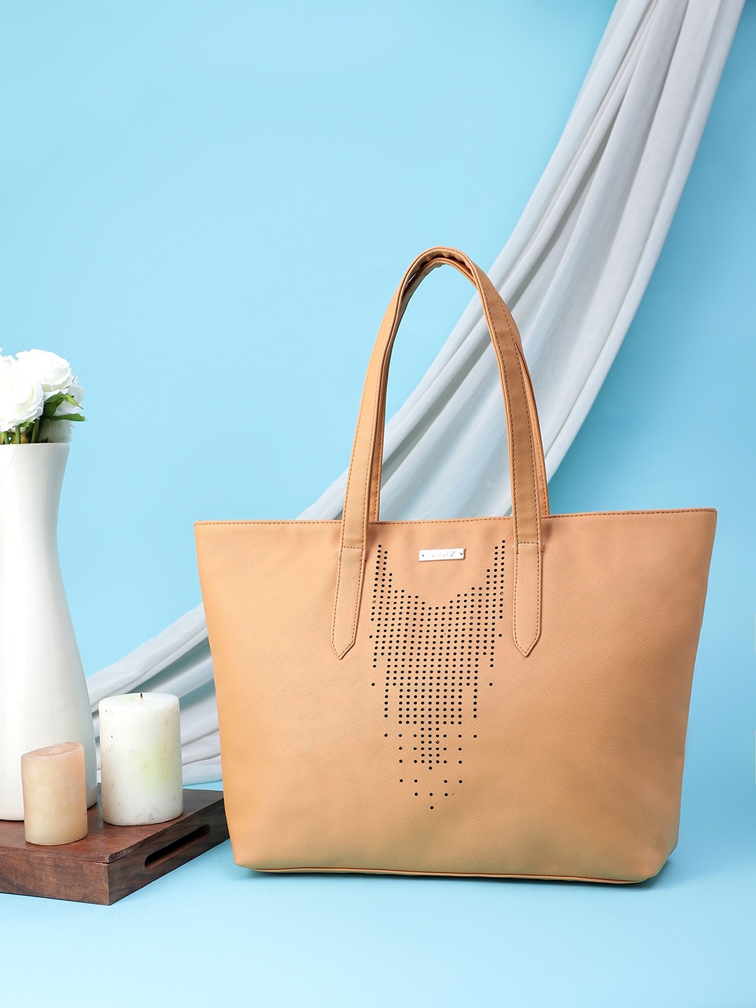 

OsaiZ Oversized Shopper Tote Bag with Cut Work, Tan