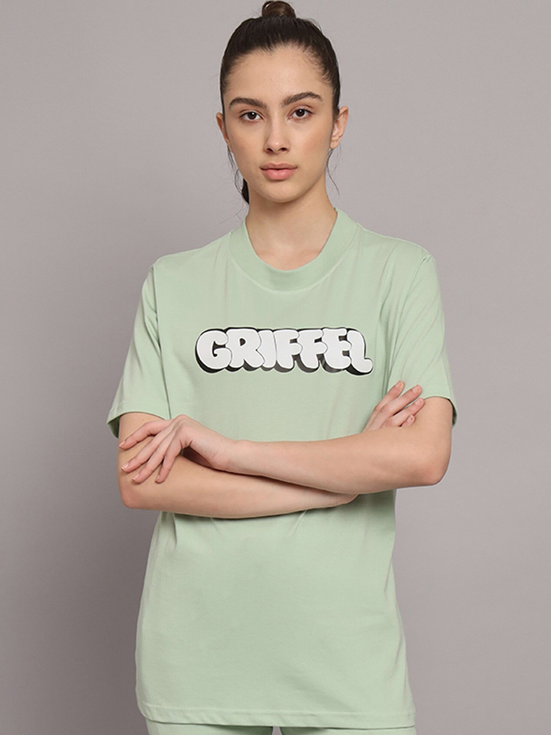 

GRIFFEL Typography Printed Drop Shoulder Sleeves Cotton Oversized T-shirt, Sea green