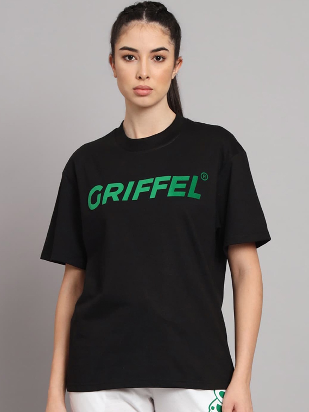 

GRIFFEL Typography Printed Drop Shoulder Sleeves Cotton Oversized T-shirt, Black