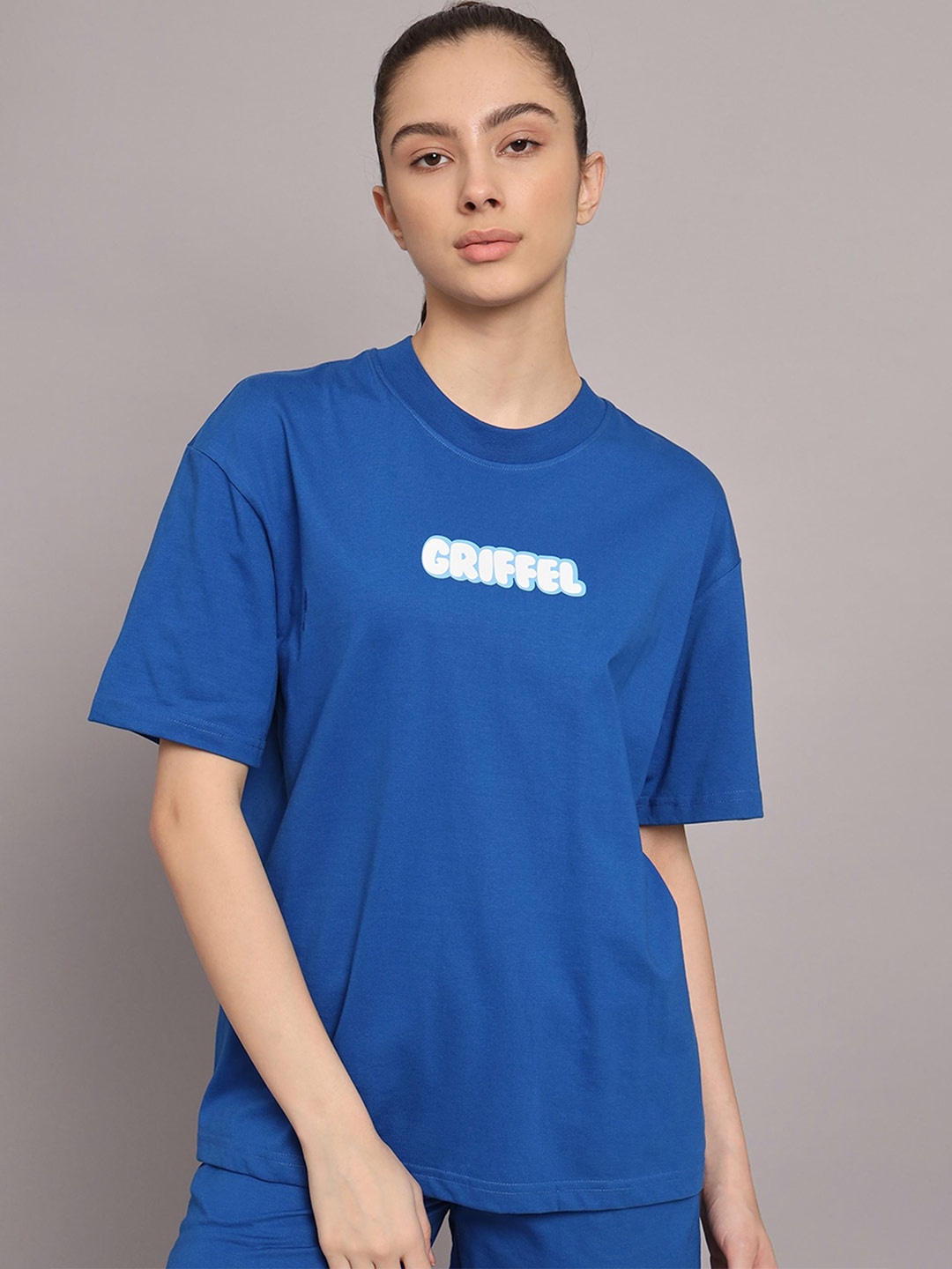 

GRIFFEL Typography Printed Drop Shoulder Sleeves Cotton Oversized T-shirt, Blue