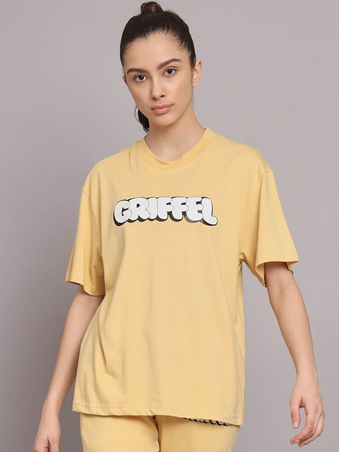 

GRIFFEL Typography Printed Drop Shoulder Sleeves Cotton Oversized T-shirt, Yellow