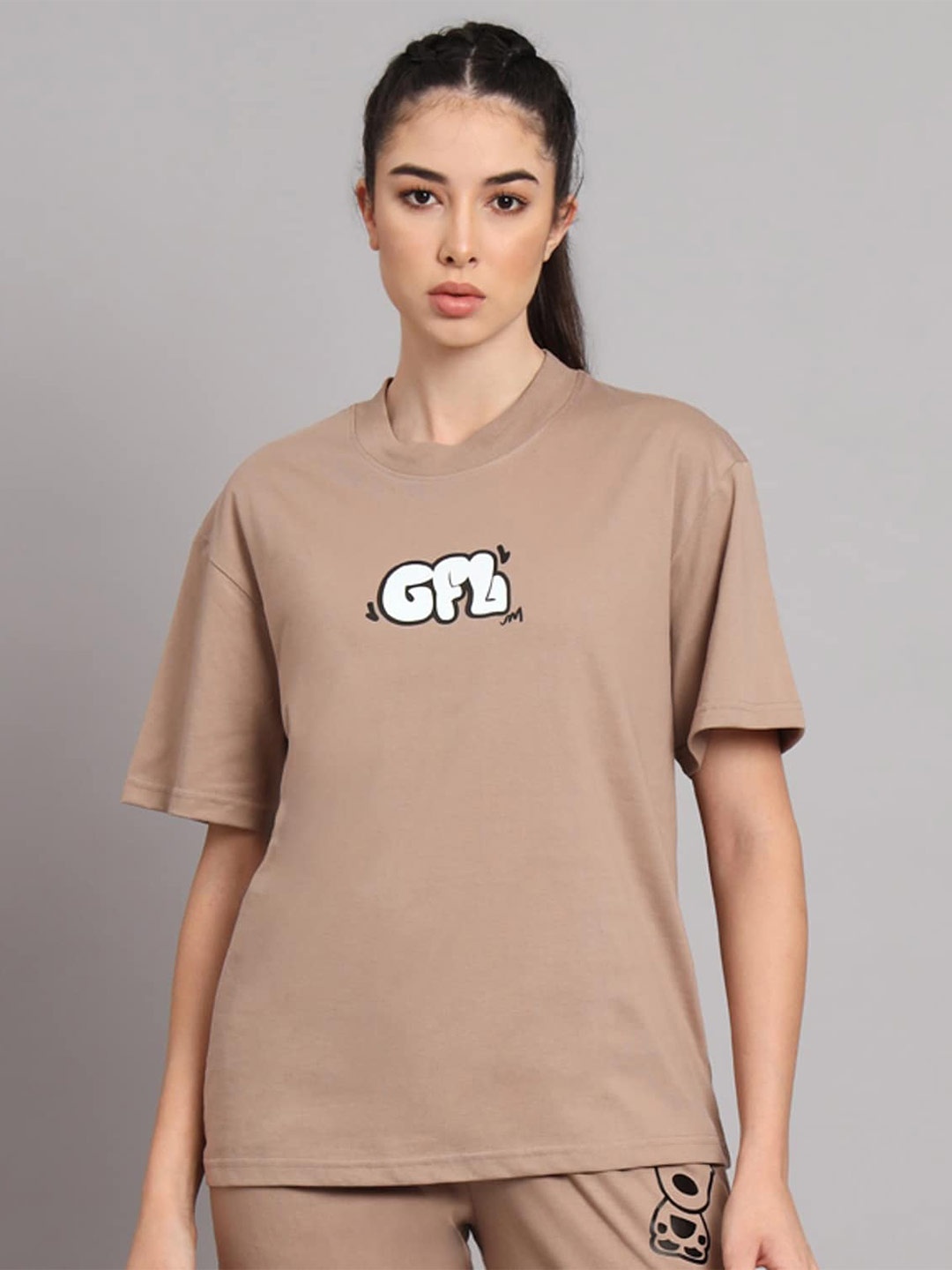 GRIFFEL Typography Printed Drop Shoulder Sleeves Cotton Oversized T-shirt, Camel brown
