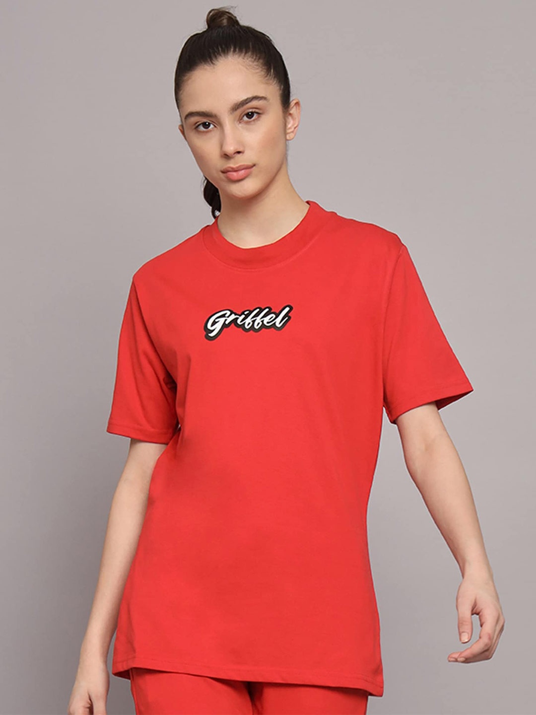 

GRIFFEL Typography Printed Drop Shoulder Sleeves Cotton Oversized T-shirt, Red