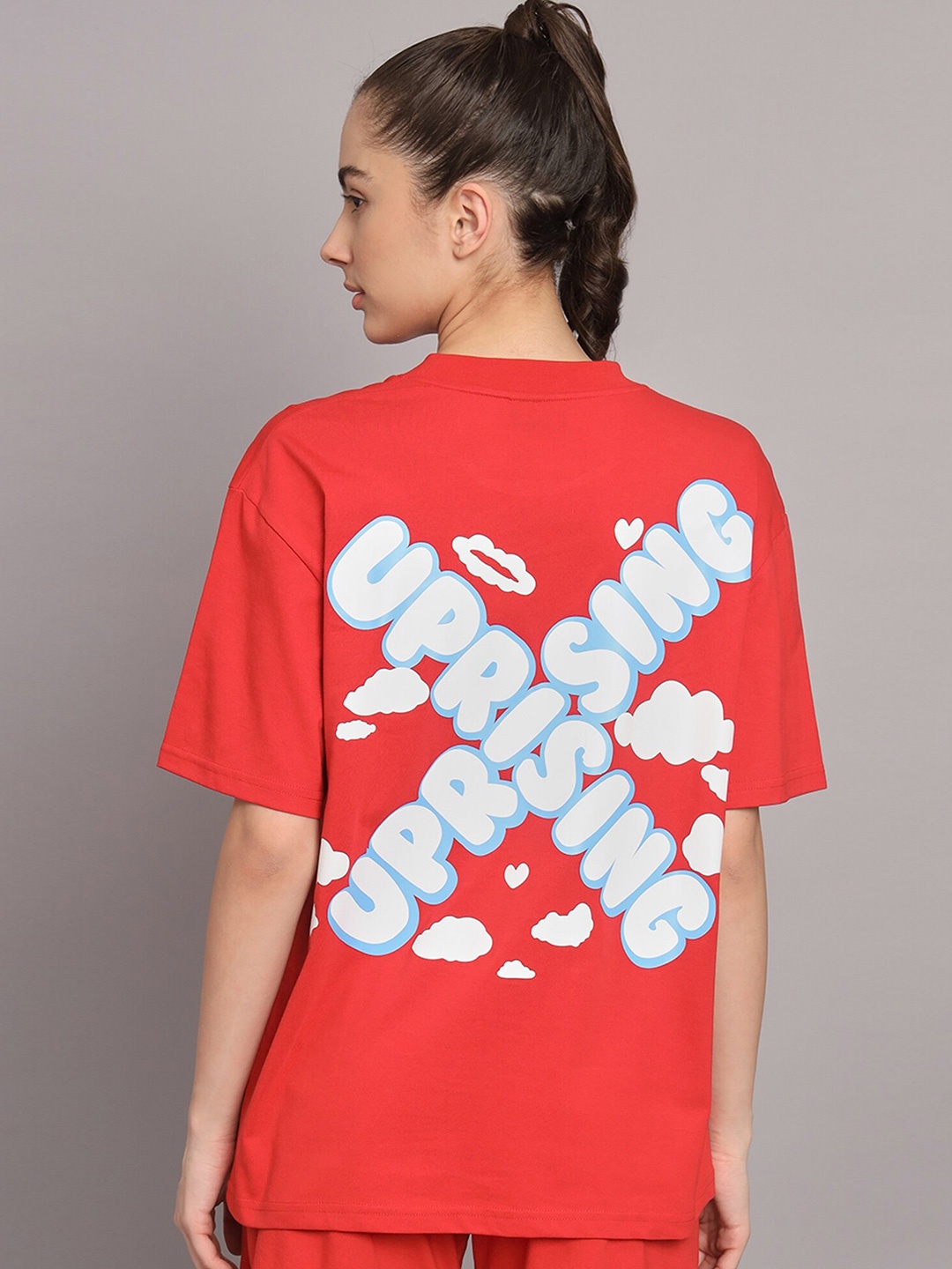 

GRIFFEL Typography Printed Drop Shoulder Sleeves Cotton Oversized T-shirt, Red