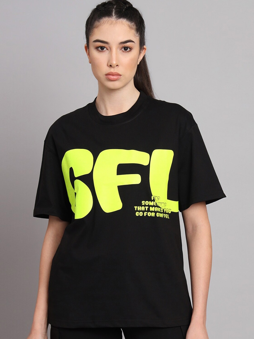 

GRIFFEL Typography Printed Drop Shoulder Sleeves Cotton Oversized T-shirt, Black