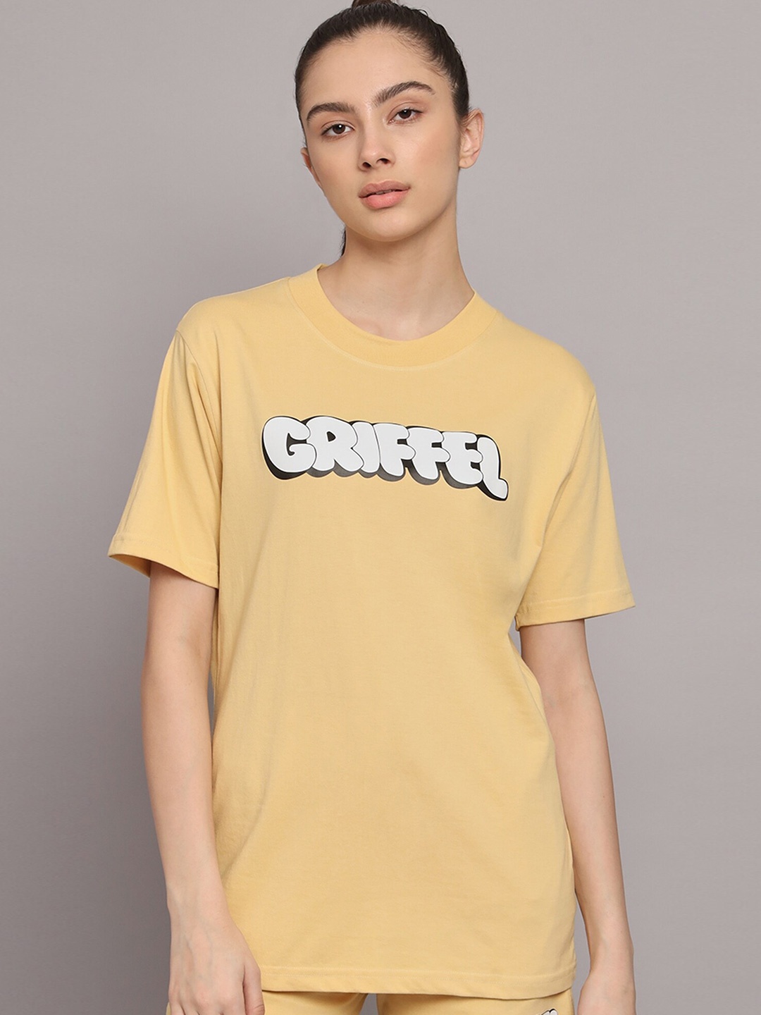 

GRIFFEL Typography Printed Drop Shoulder Sleeves Cotton Oversized T-shirt, Yellow