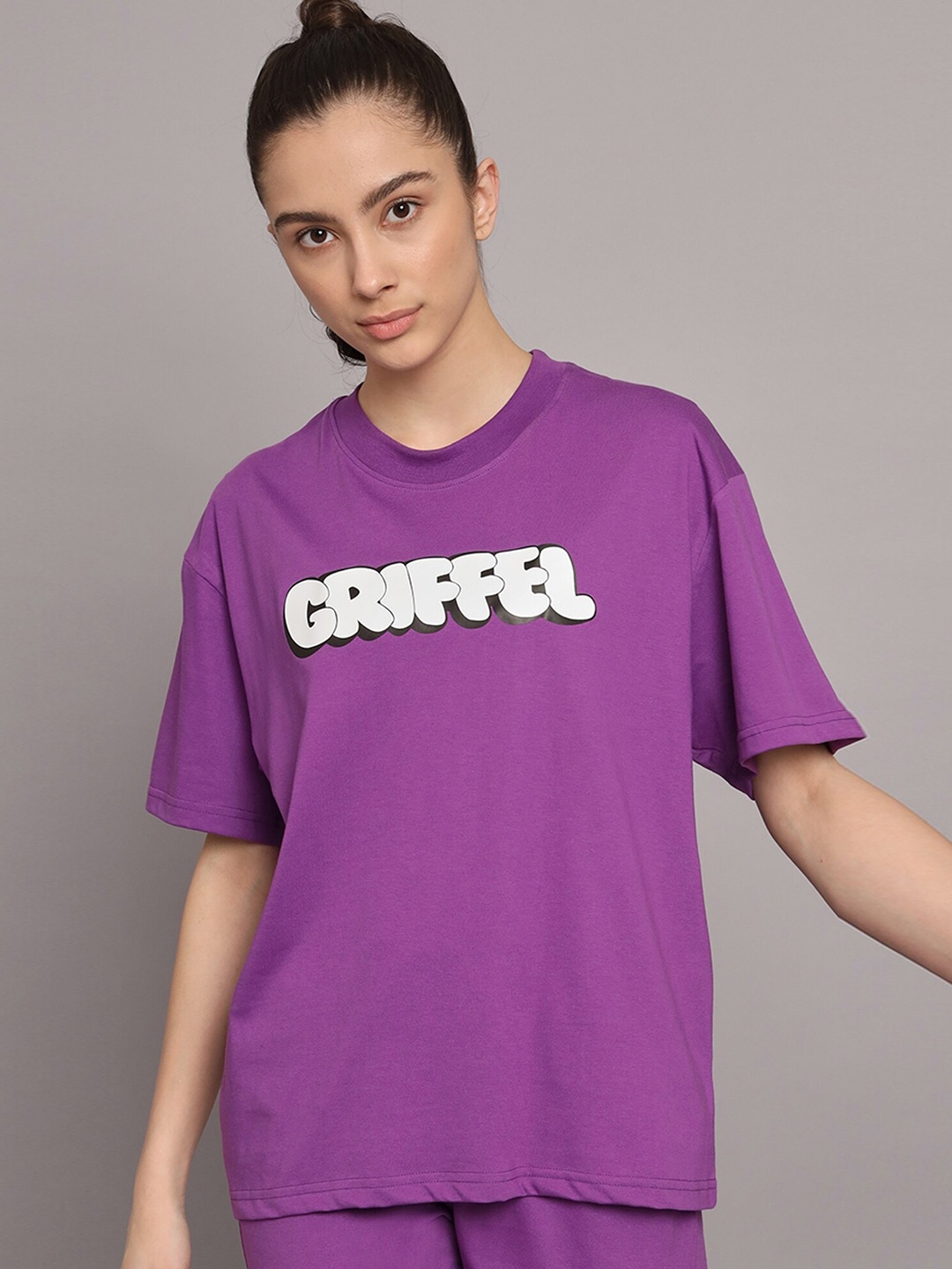 

GRIFFEL Typography Printed Drop Shoulder Sleeves Cotton Oversized T-shirt, Purple
