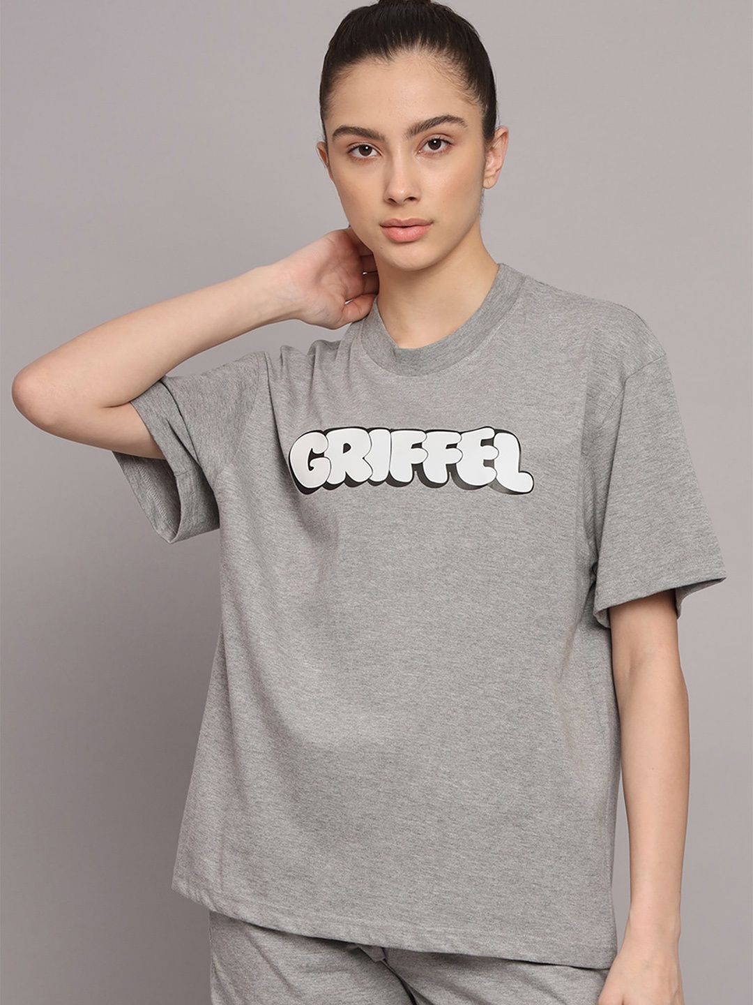 

GRIFFEL Typography Printed Drop Shoulder Sleeves Cotton Oversized T-shirt, Grey