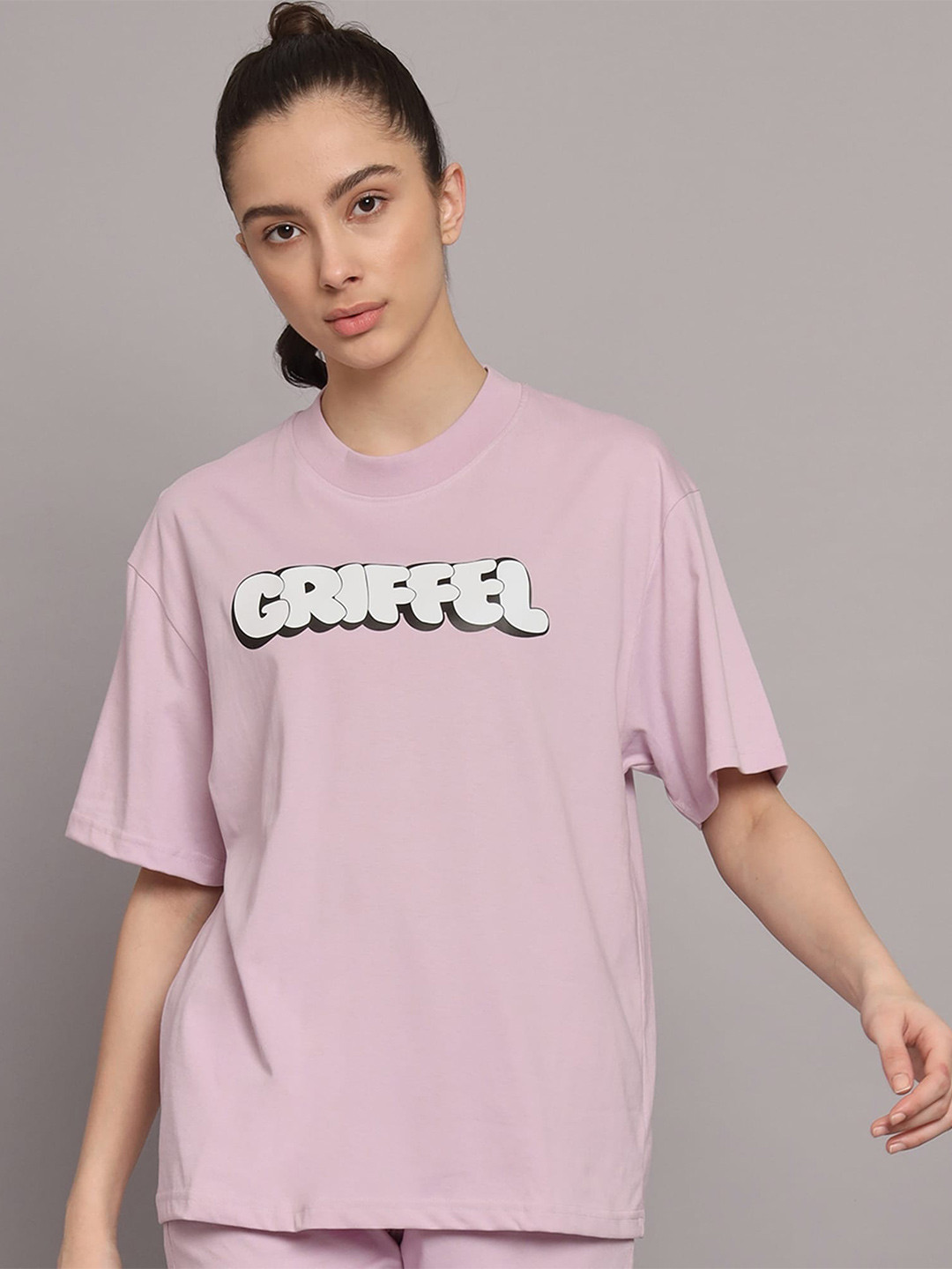 

GRIFFEL Typography Printed Drop Shoulder Sleeves Cotton Oversized T-shirt, Mauve
