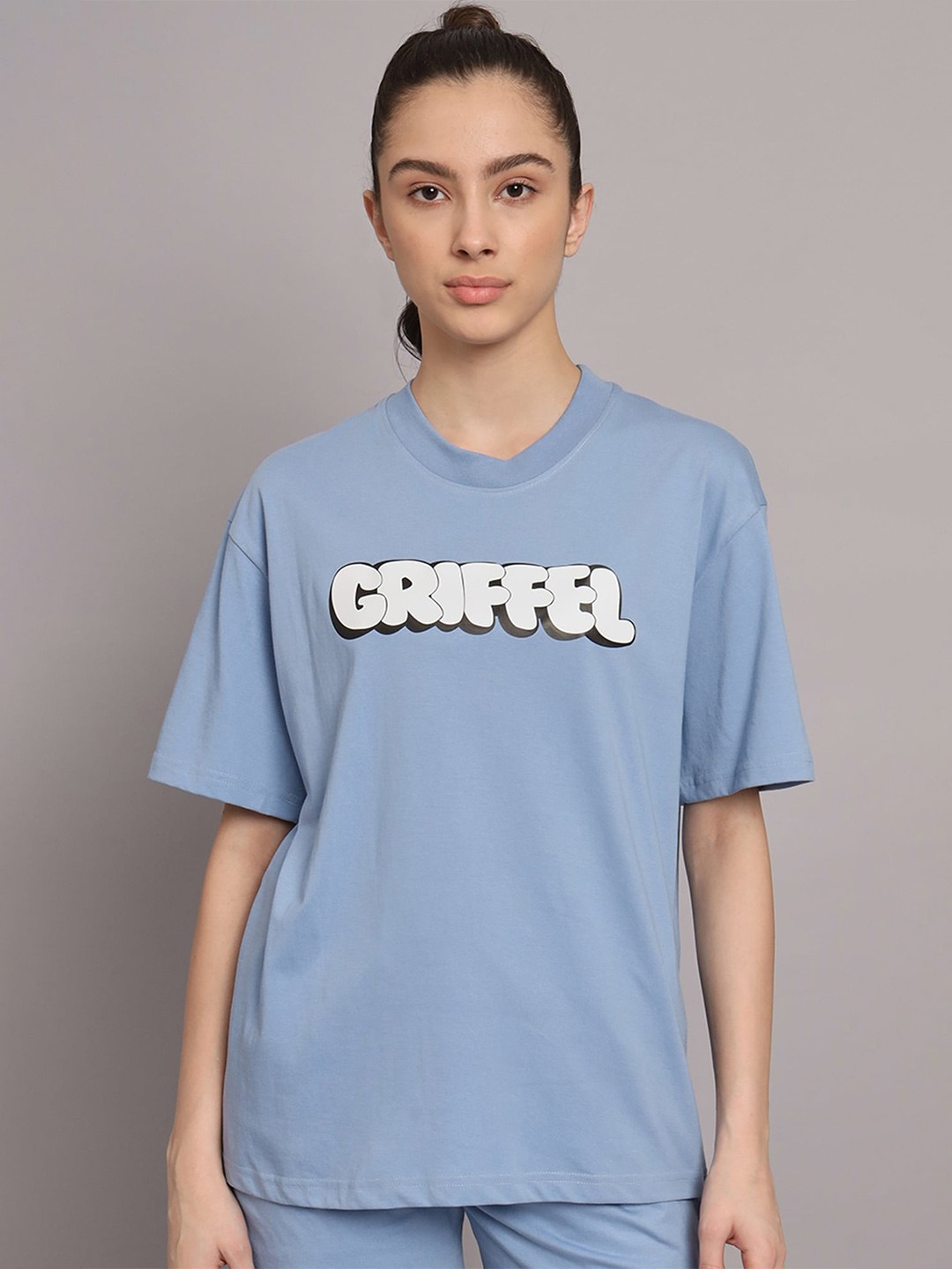 

GRIFFEL Typography Printed Drop Shoulder Sleeves Cotton Oversized T-shirt, Blue