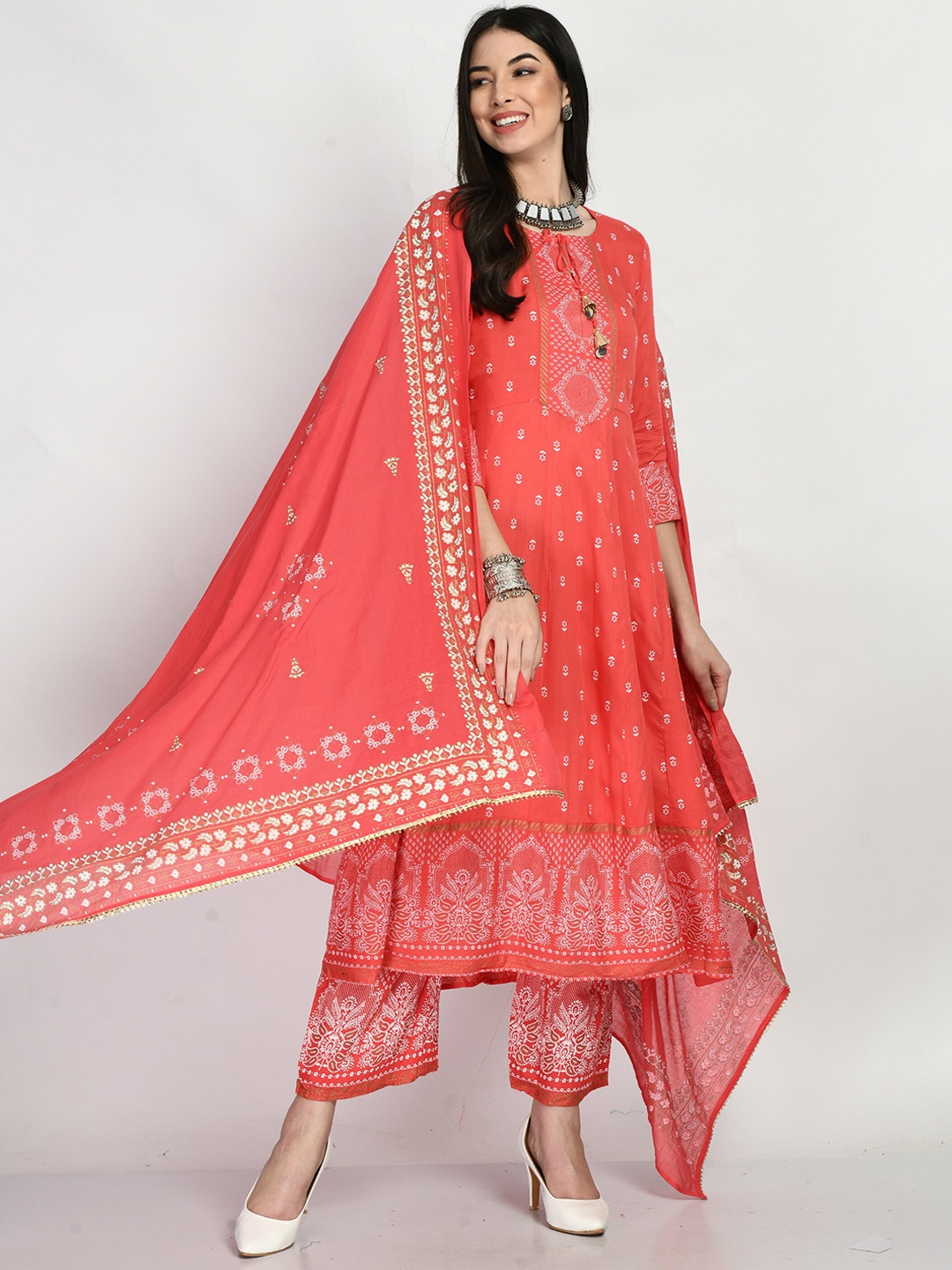 

SP DESIGNS Women Ethnic Motifs Printed Anarkali Kurta With Palazzos & Dupatta, Peach