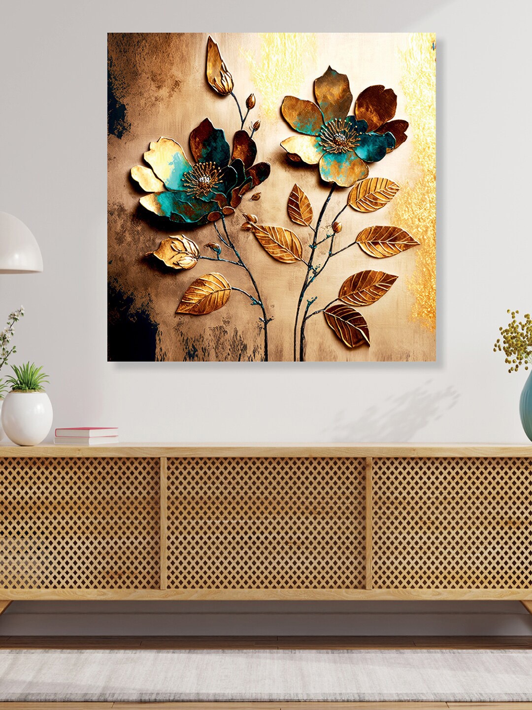 

RANDOM Teal & Gold Toned Floral Wooden Unframed Wall Art Painting
