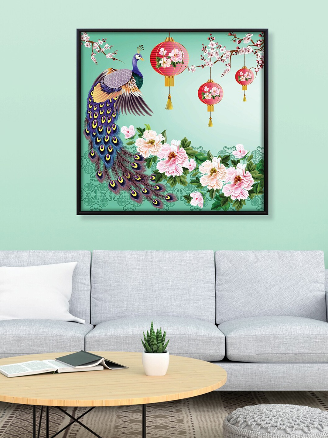RANDOM Green & Blue Peacock Bird Wooden Framed Canvas Wall Art Painting